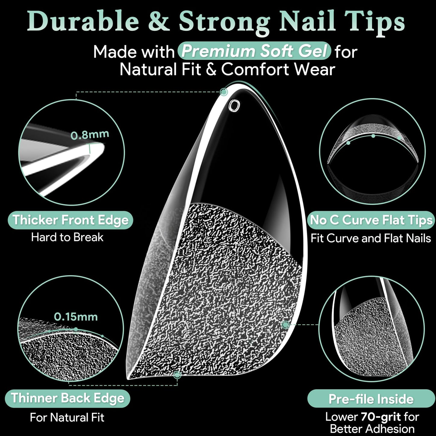Pre-sanded interior detail of Leykosh almond nail tips