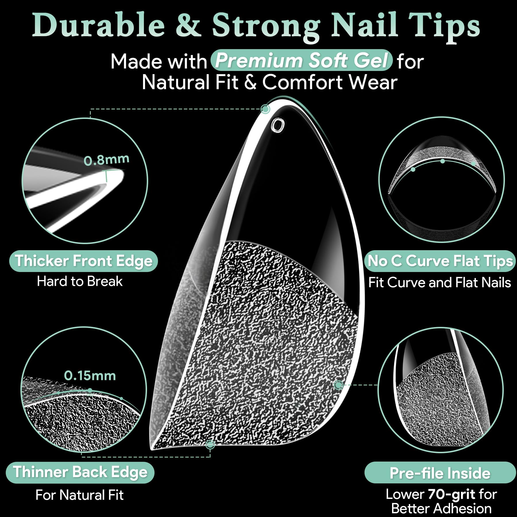 Pre-sanded interior detail of Leykosh almond nail tips