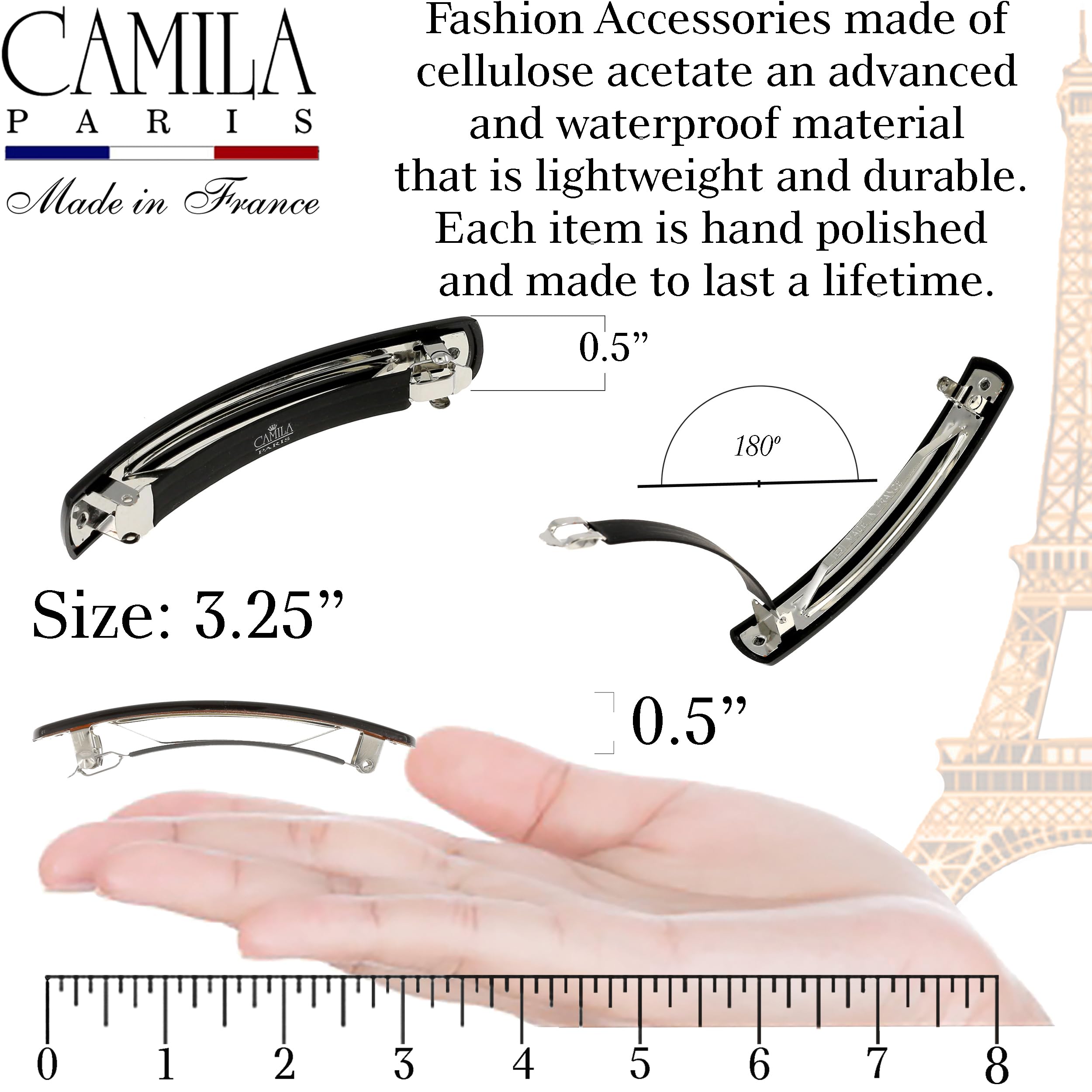 Camila Paris imported cellulose acetate hair clip side angle detailing the durable polished finish