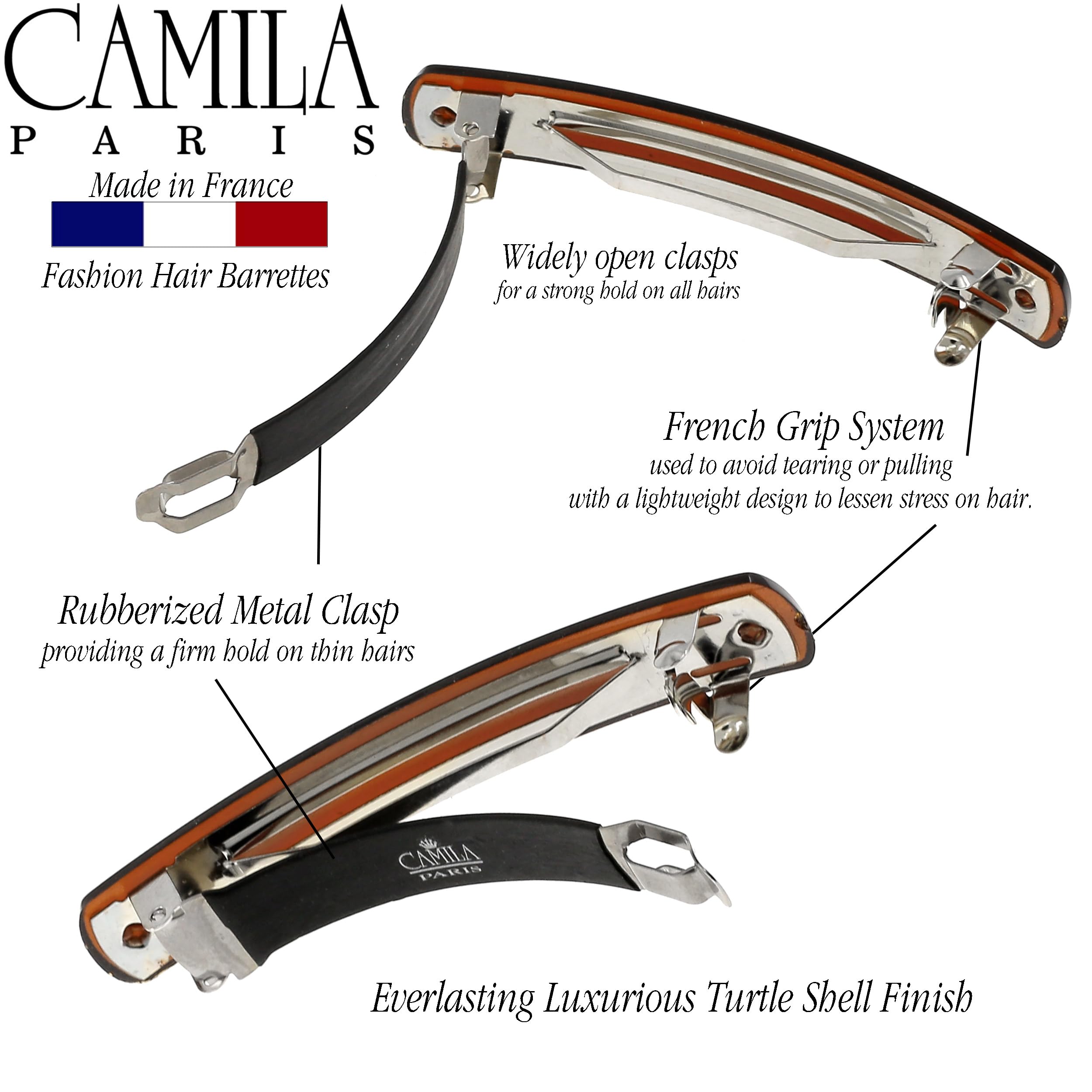 Camila Paris 3.25 inch French hair clip demonstrating the strong hold automatic closure system