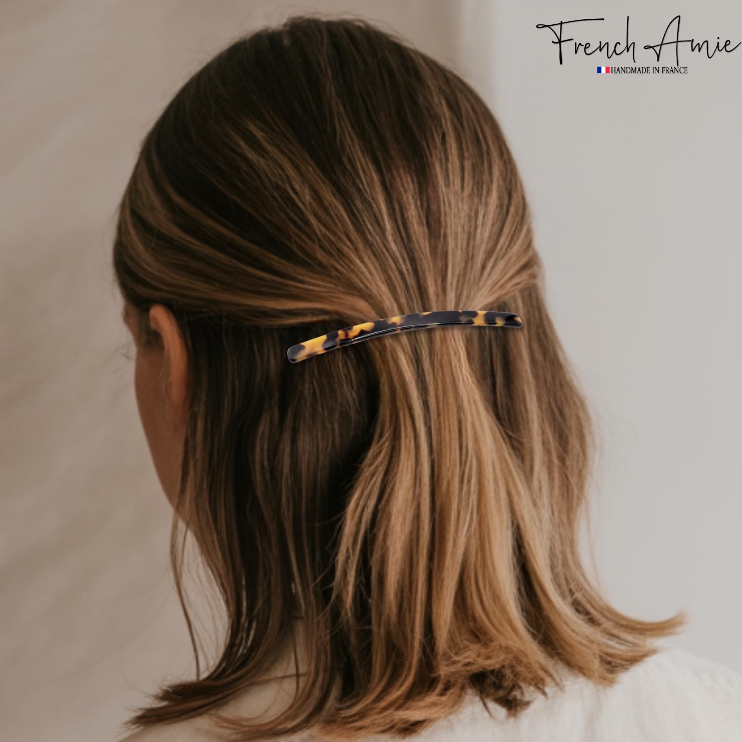 French Amie four inch handmade hair accessory back view highlighting the sturdy silver metal clasp mechanism