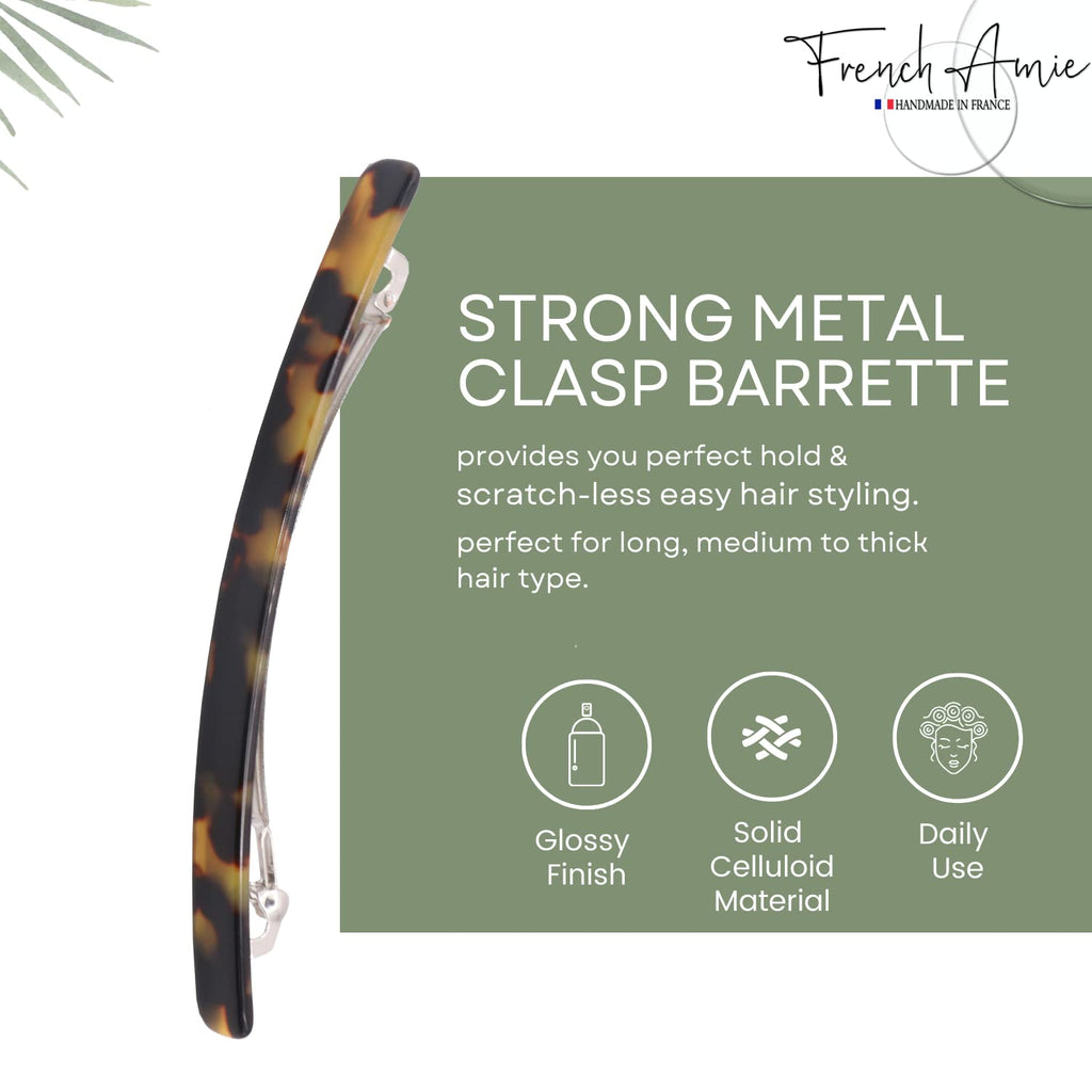 Top-down view highlighting the long and thin profile of the French Amie Tokyo tortoise shell barrette.