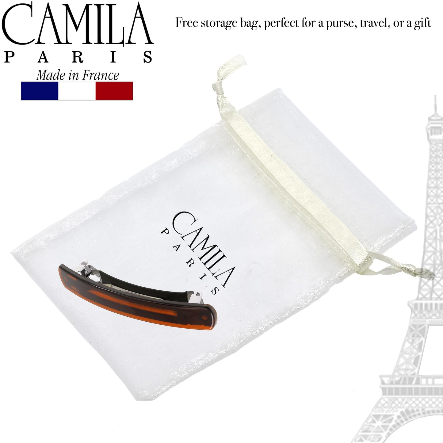 Camila Paris model CP3557 luxury tortoise shell hair clip displayed flat