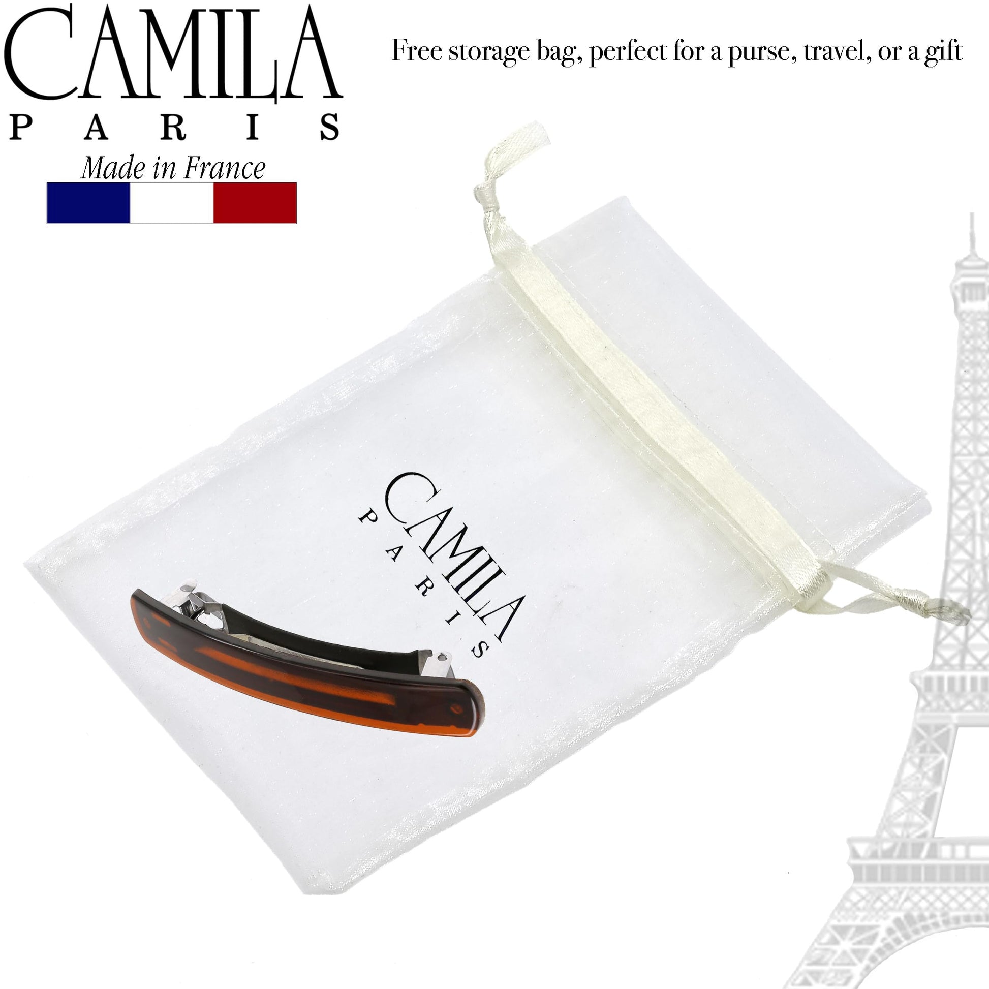 Camila Paris model CP3557 luxury tortoise shell hair clip displayed flat