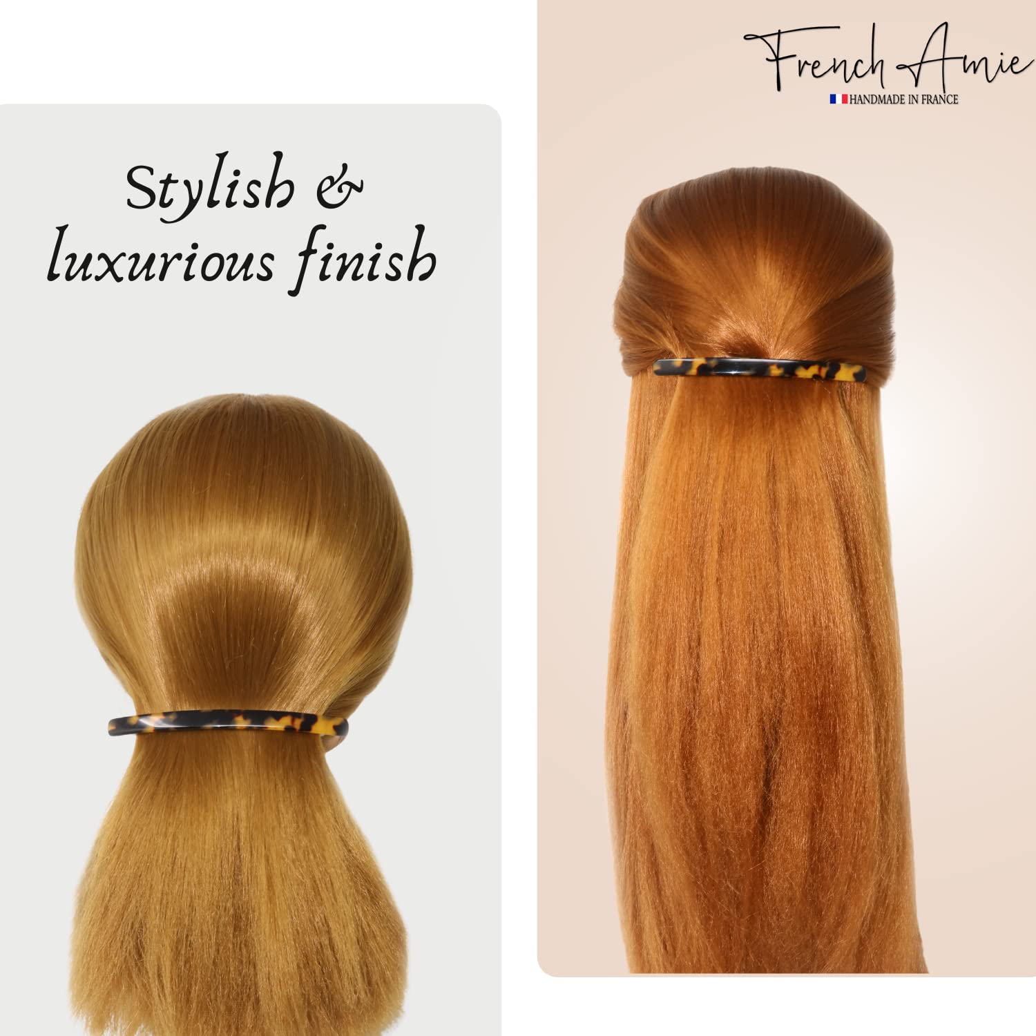 French Amie premium celluloid barrette used to create a classic elegant low ponytail hairstyle