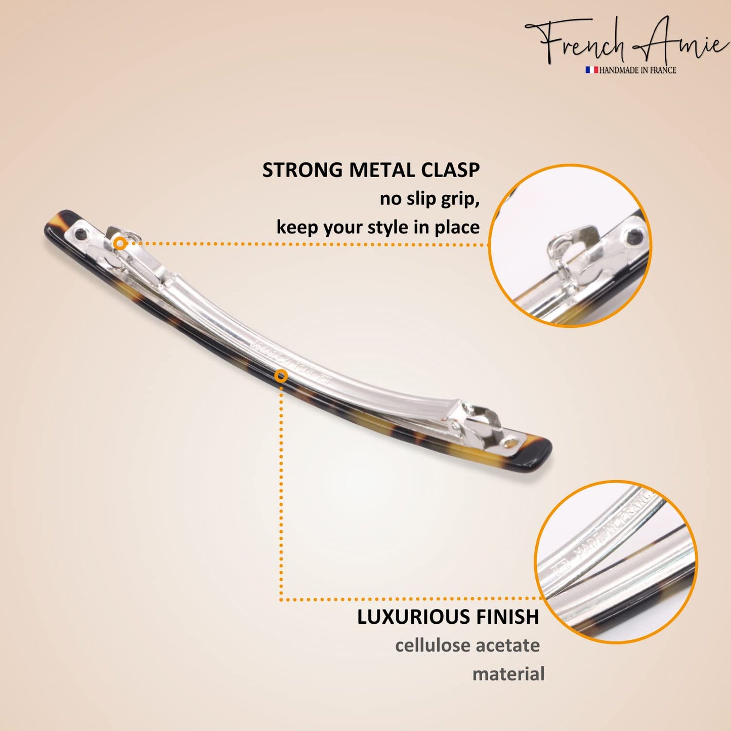 French Amie imported luxury hair clip for women demonstrating strong hold and comfortable grip on thick hair