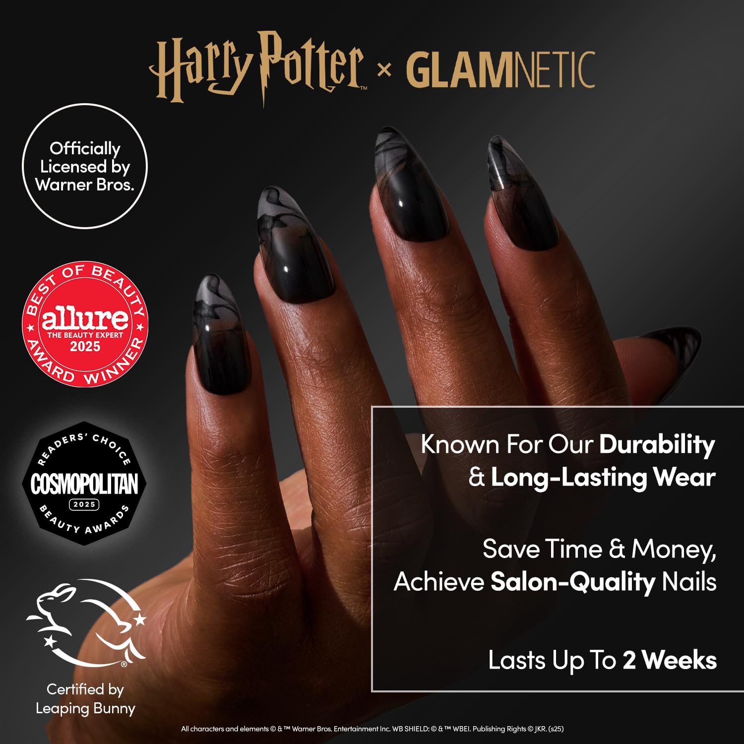 Medium almond Dementor press on nails in original packaging