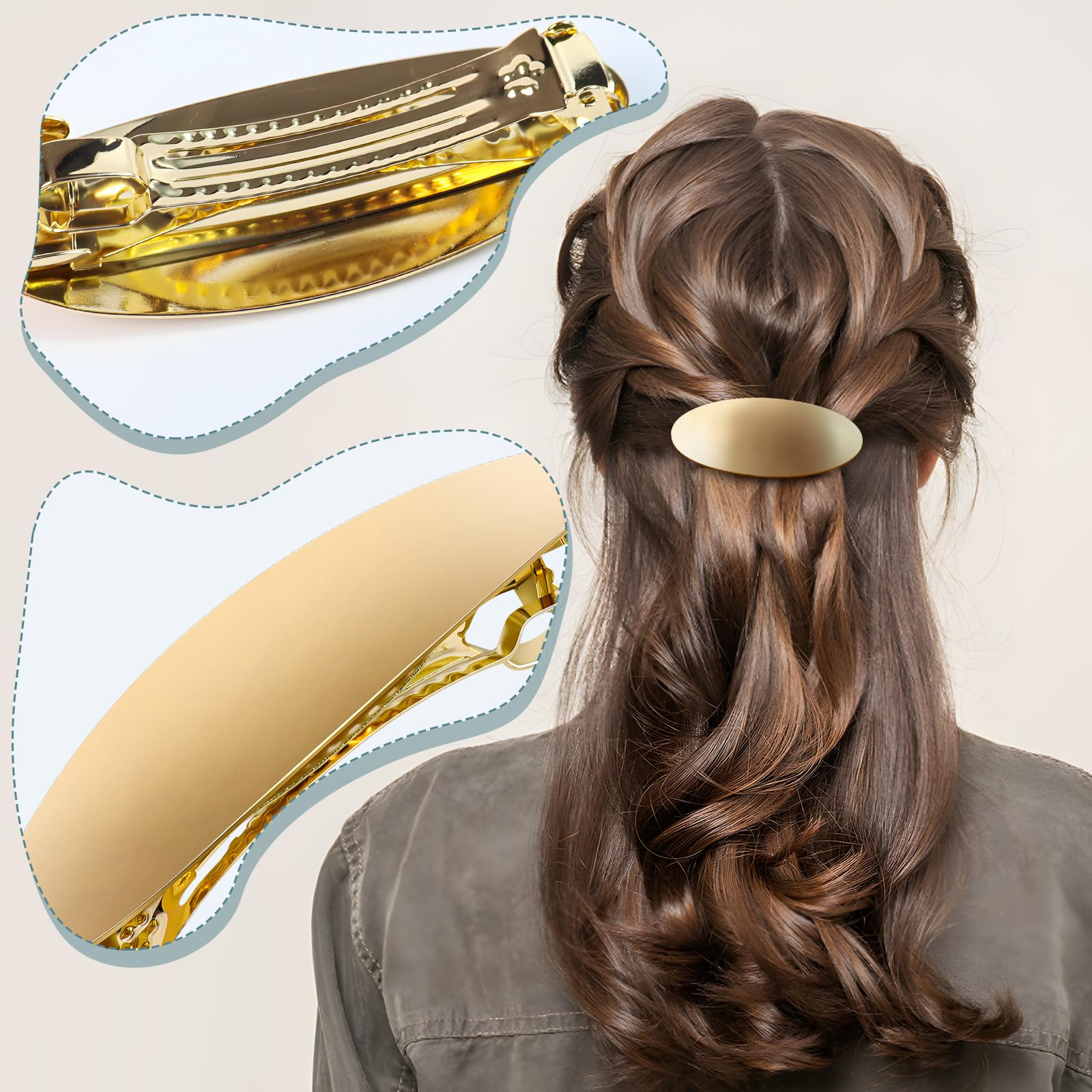 Luxury golden French barrette hair accessory styled on a model with long thick hair
