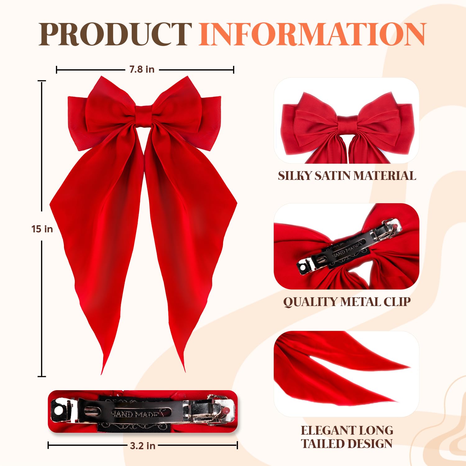 Close up view of the black and red large long tail ribbon clips demonstrating the smooth texture of the fabric