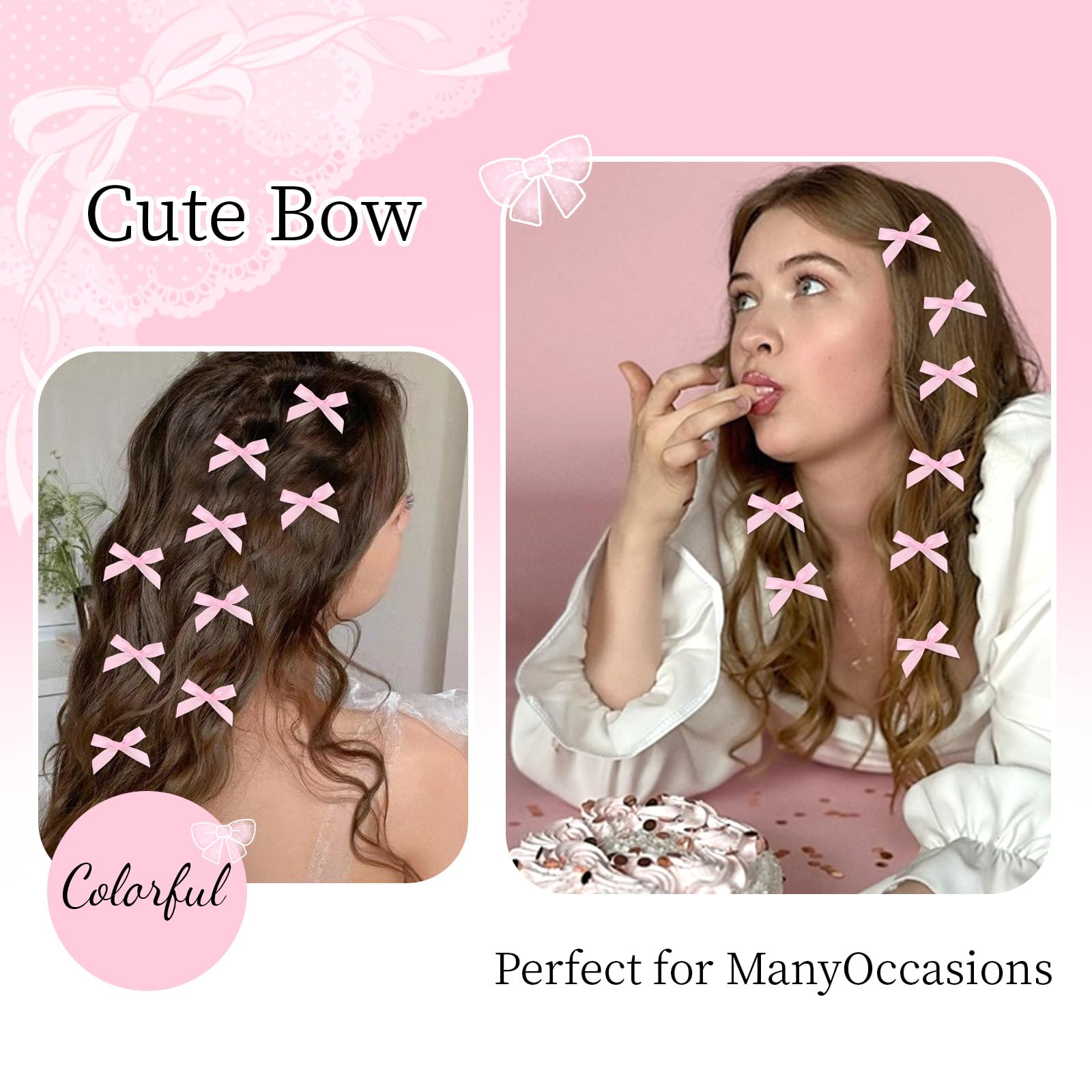 Six pieces of small cute kawaii ribbon bowknot hairpins arranged on a clean background.