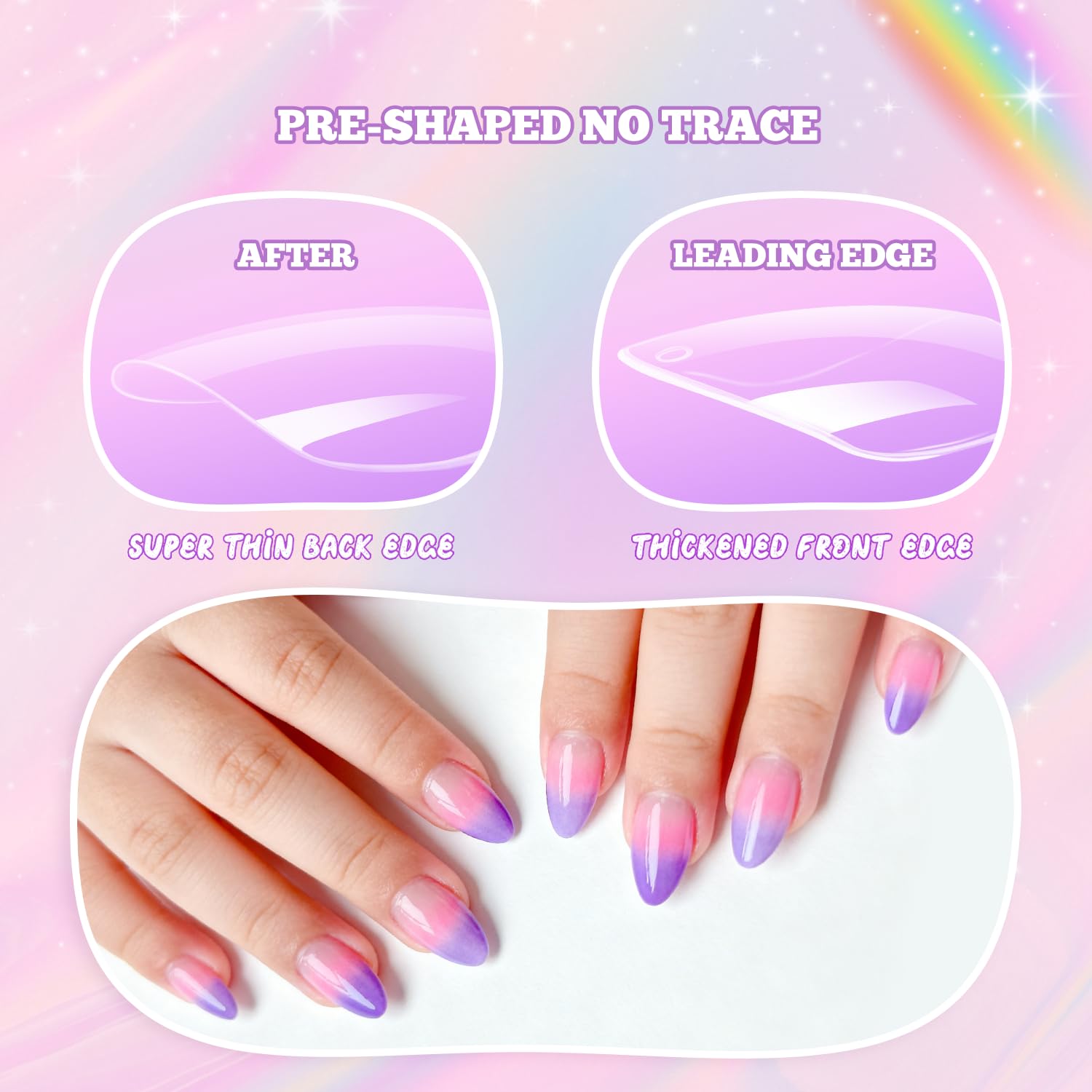 Close up view of almond shaped artificial nail tips