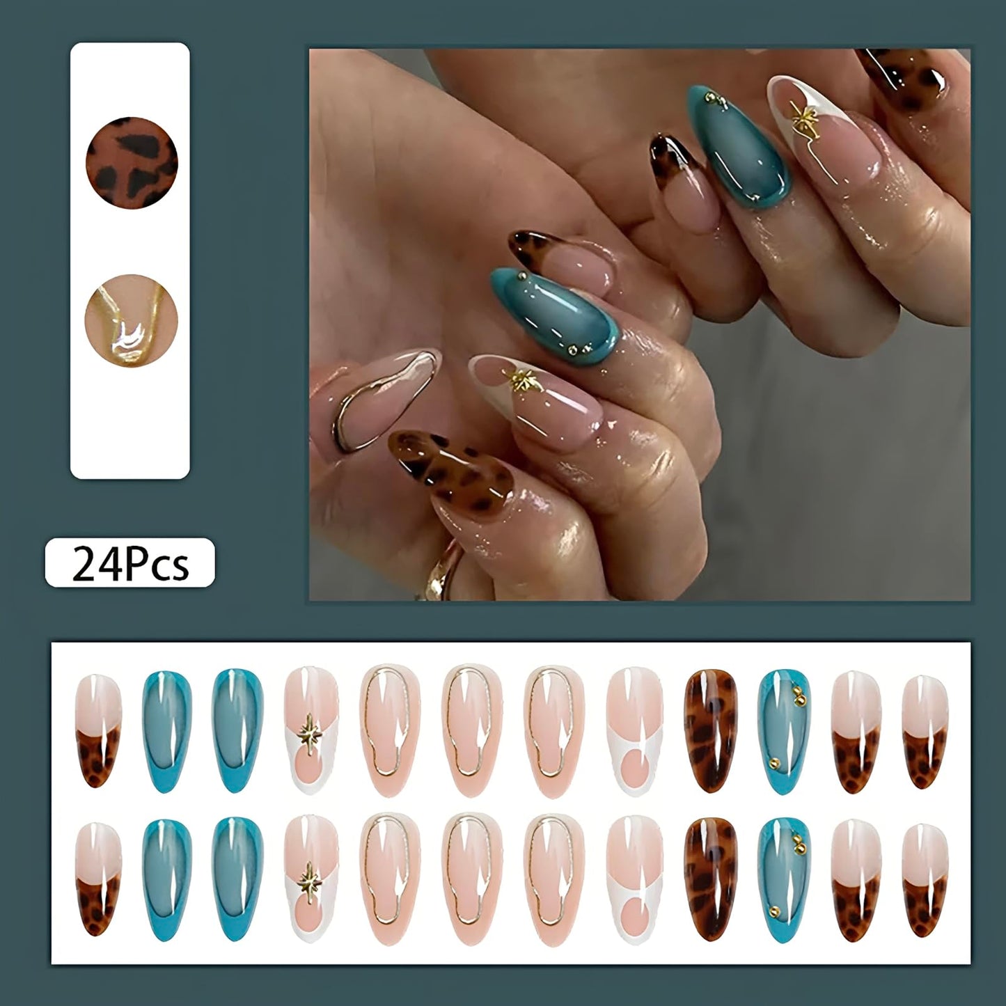 Close up of glossy brown leopard print design on almond fake nails