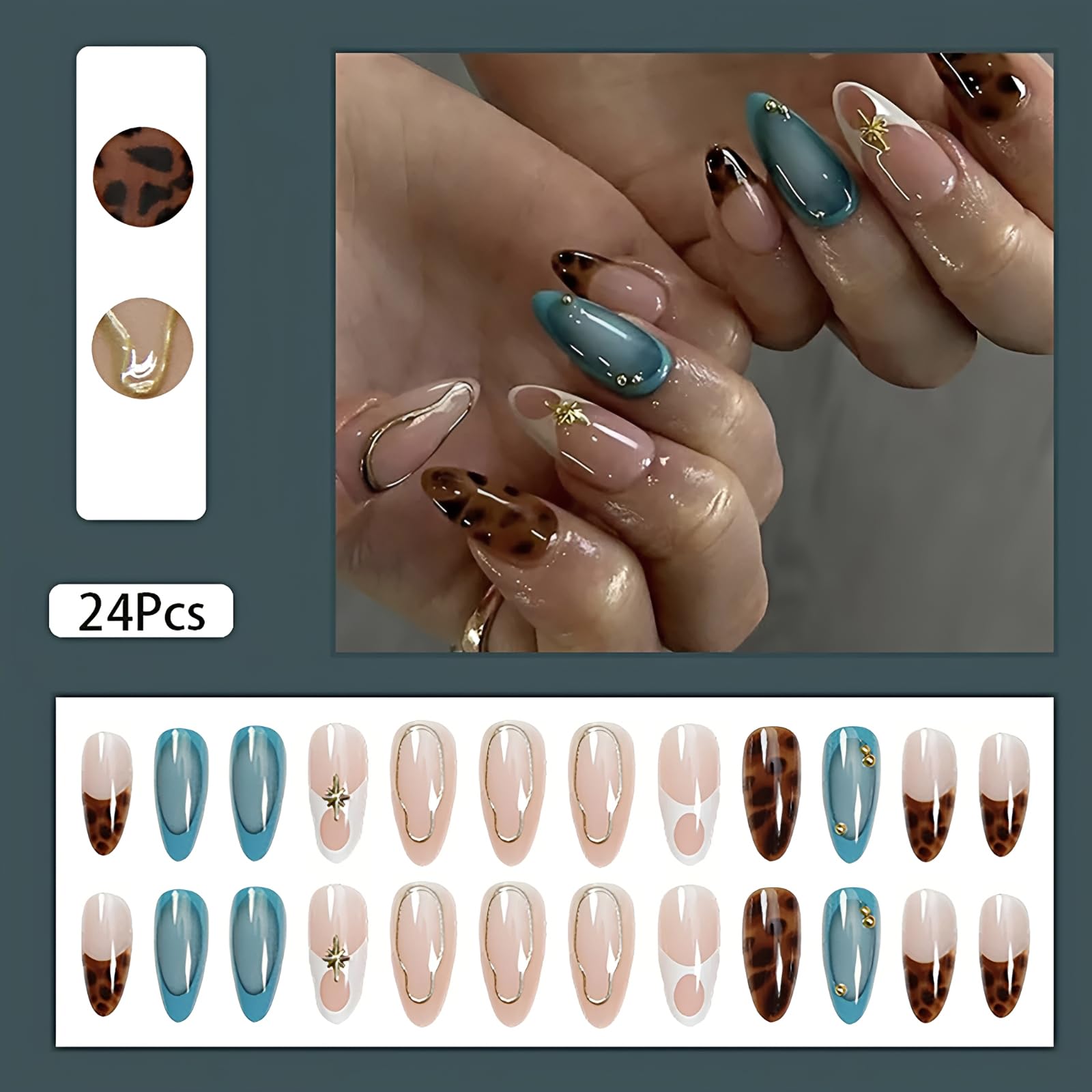 Close up of glossy brown leopard print design on almond fake nails