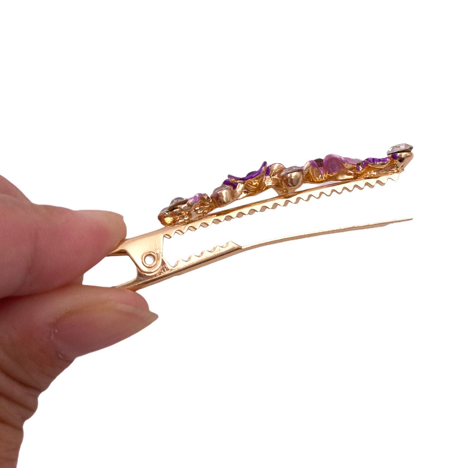 Lizzie Kay colorful floral design copper hairpins showing detailed rhinestones and electroplated gold tone finish