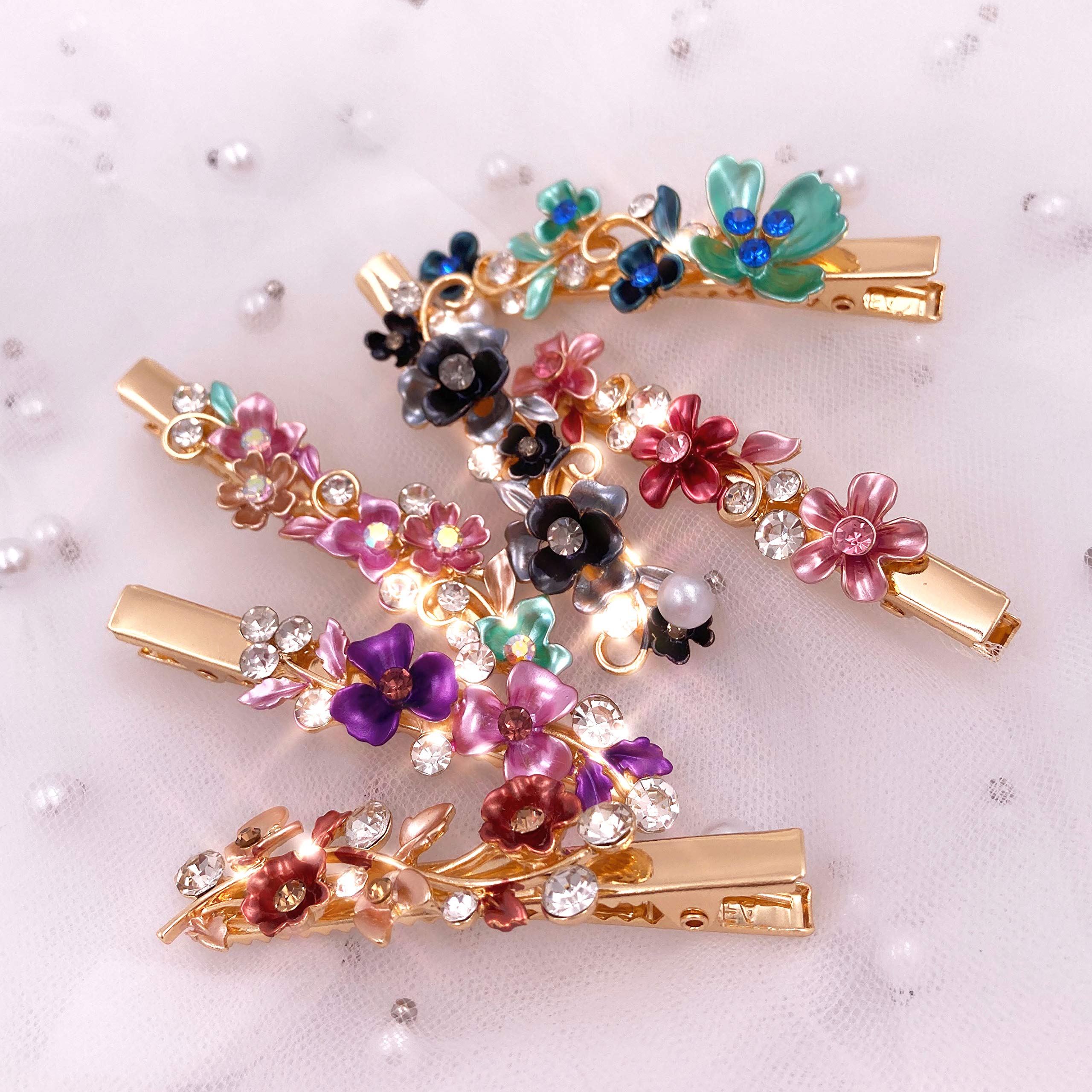 Six different color variations of Lizzie Kay antique flower alligator clips for women side view
