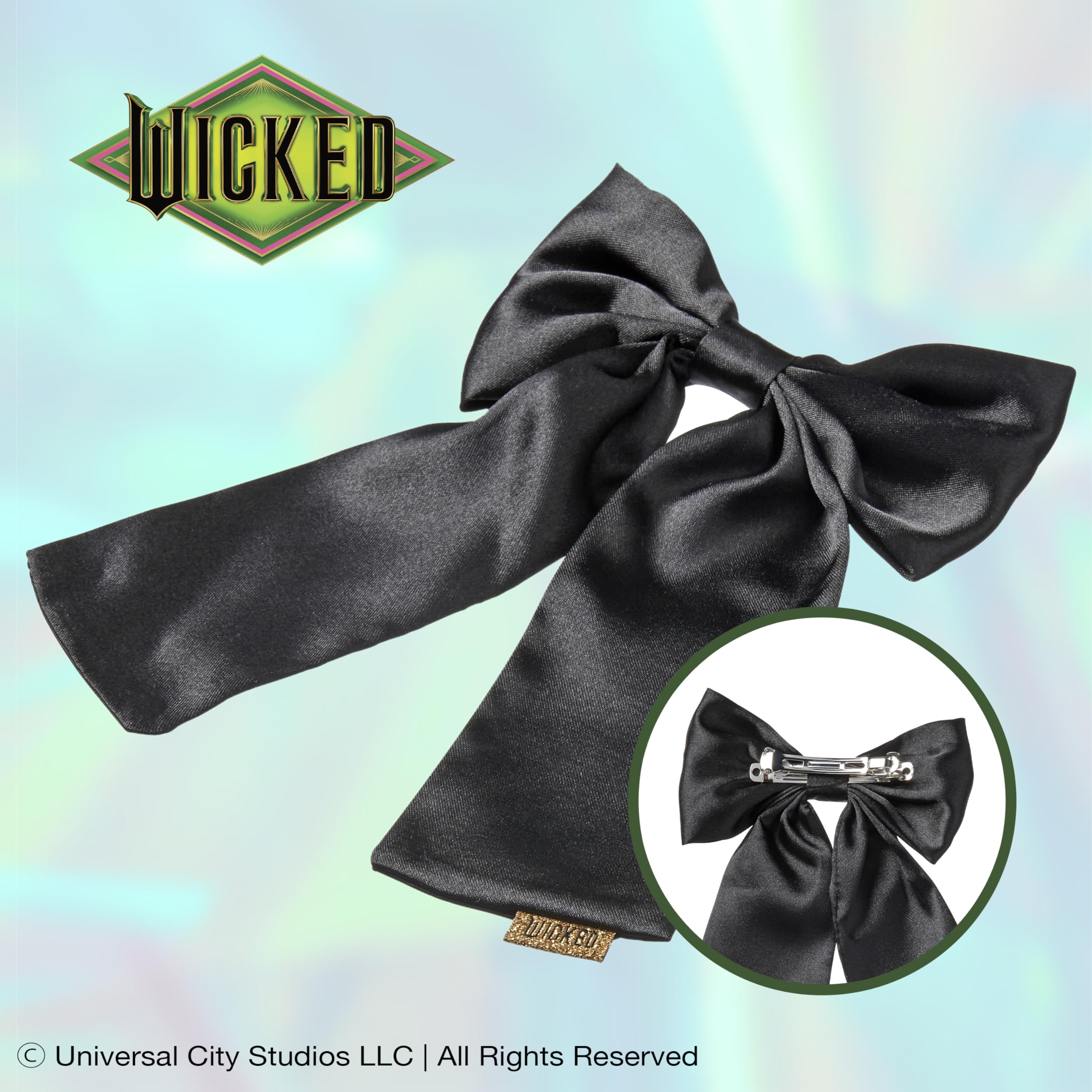 Scunci by Conair limited edition Elphaba black hair bow clip rear view showing durable metal clasp