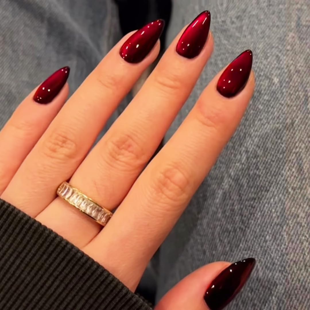 Nailcanvasstudio ruby red magnetic cat eye press on nails set