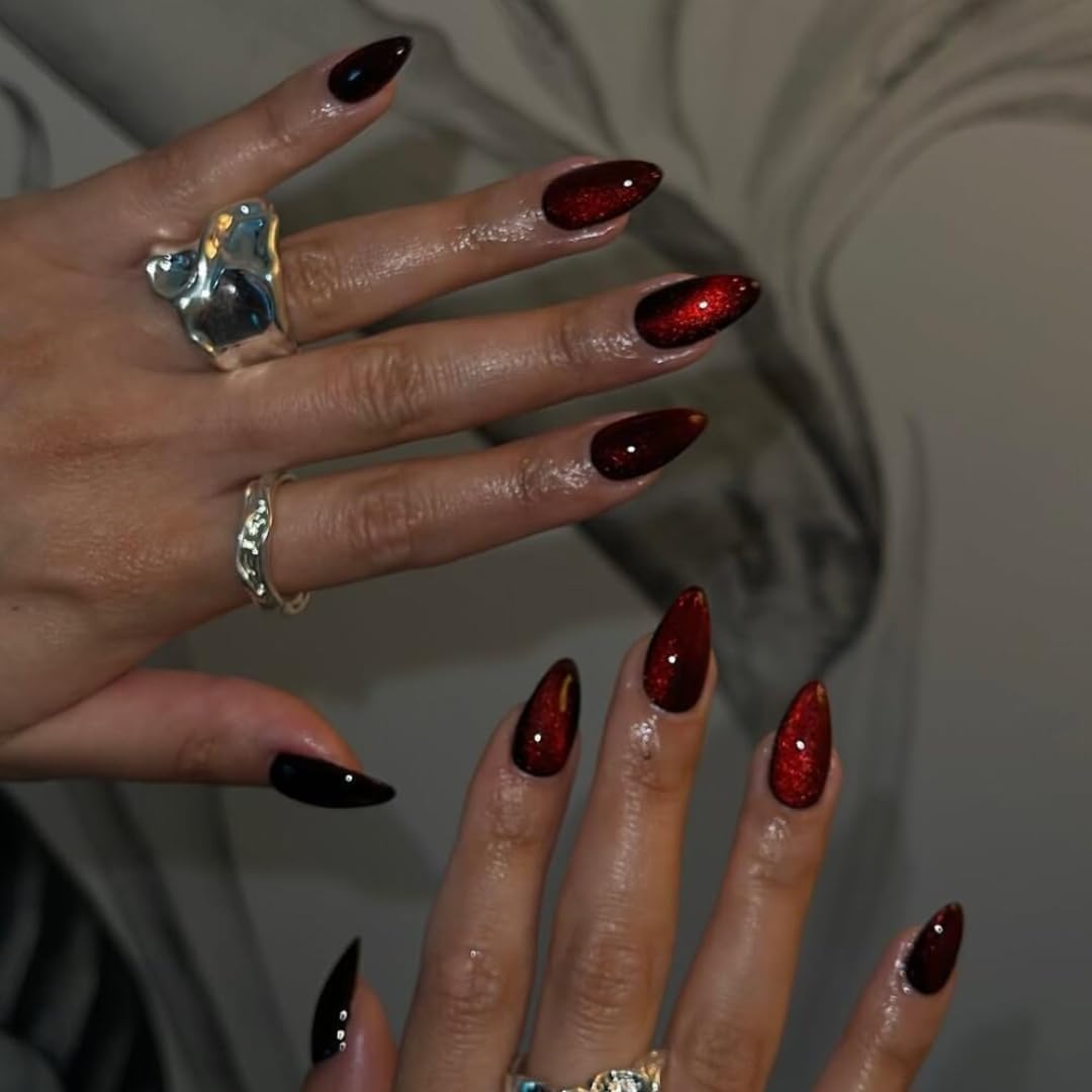 Glossy burgundy cat eye artificial nails medium almond style