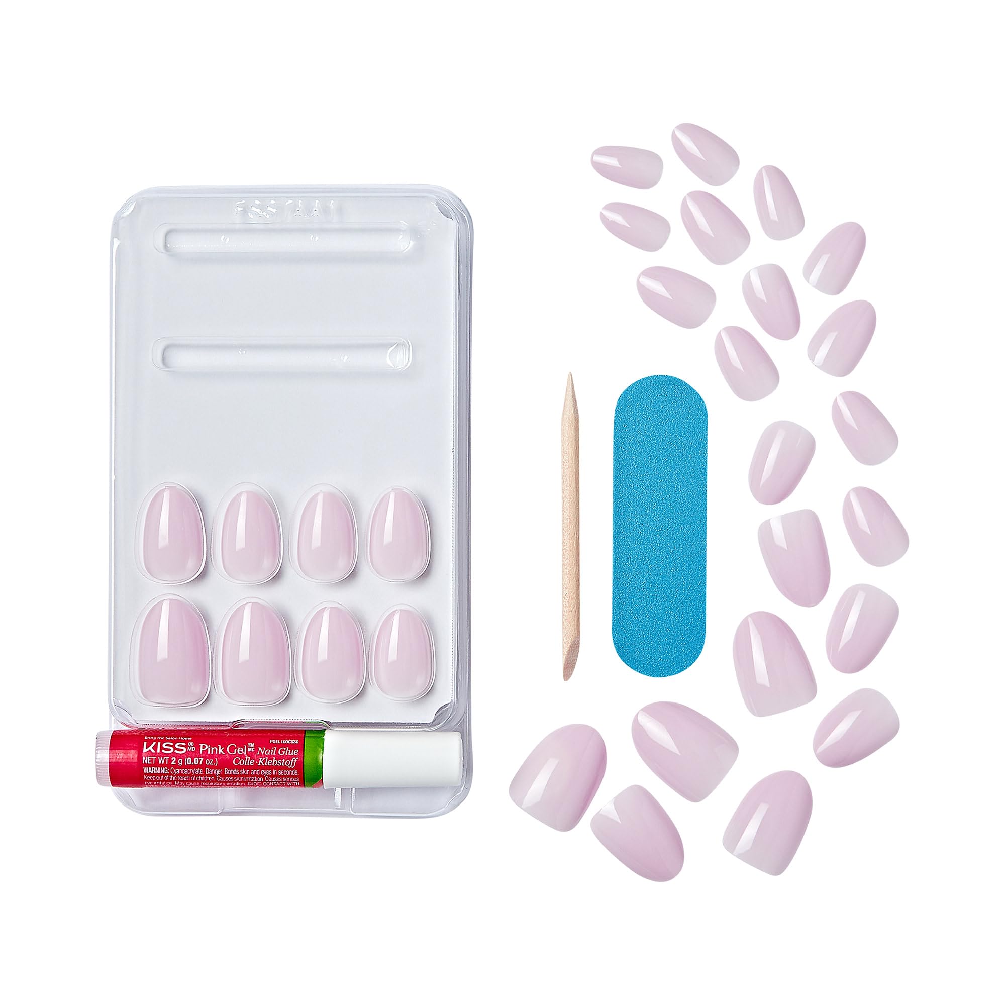 Close up of light pink almond shaped press on nails
