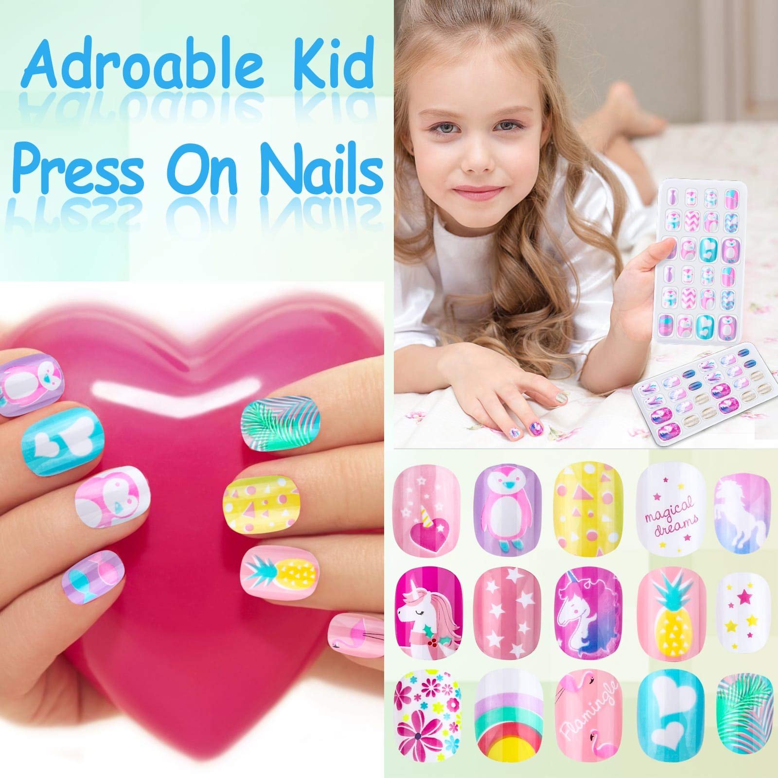 Colorful unicorn and rainbow design kids fake nails