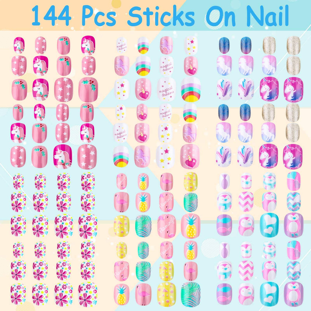 Short acrylic artificial fake nails featuring bright unicorn and flower patterns