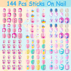 Short acrylic artificial fake nails featuring bright unicorn and flower patterns