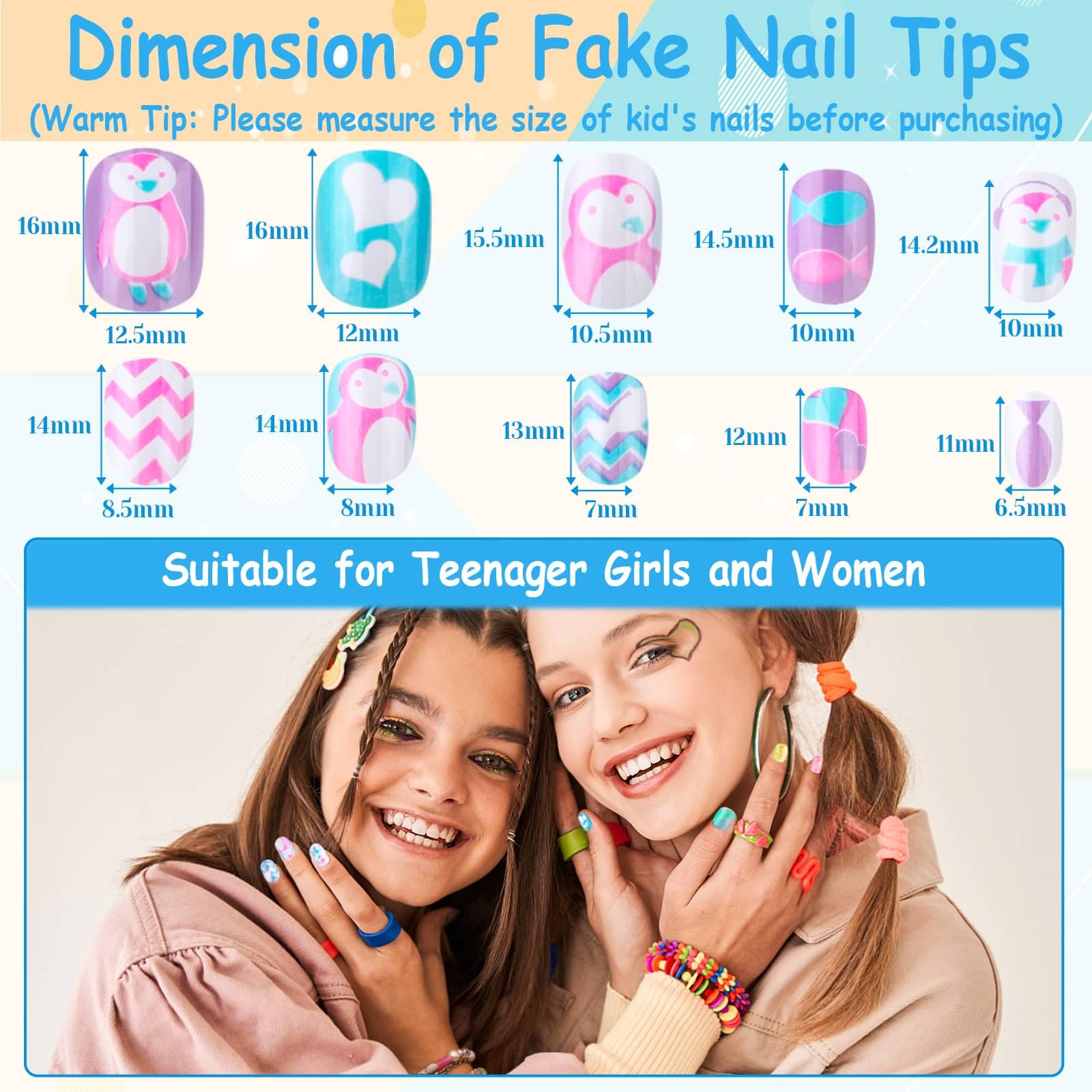 Close up of short square press on nails for kids