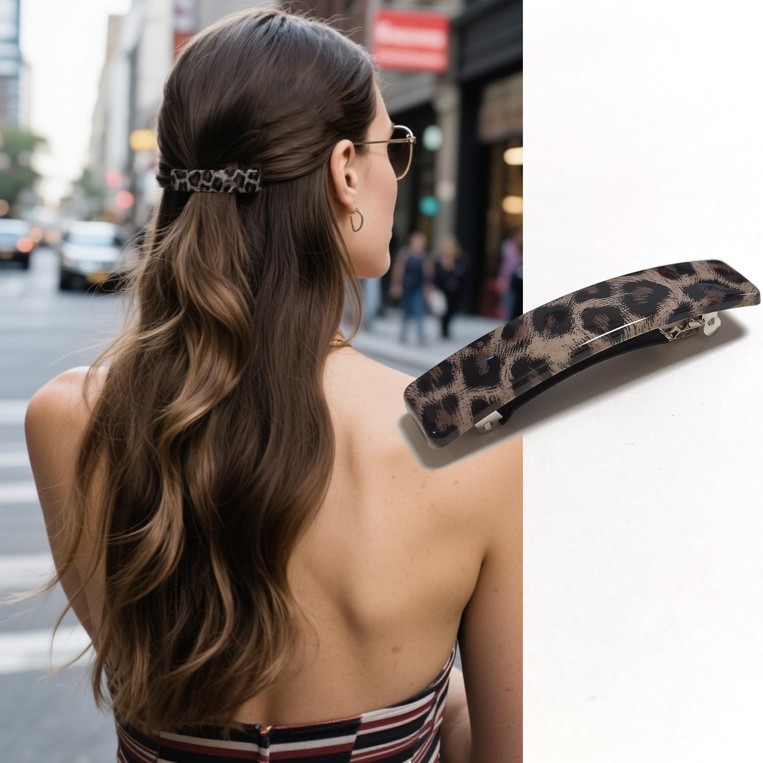 Fsmiling tortoise shell rectangle hair accessories displaying the durable spring clip mechanism.