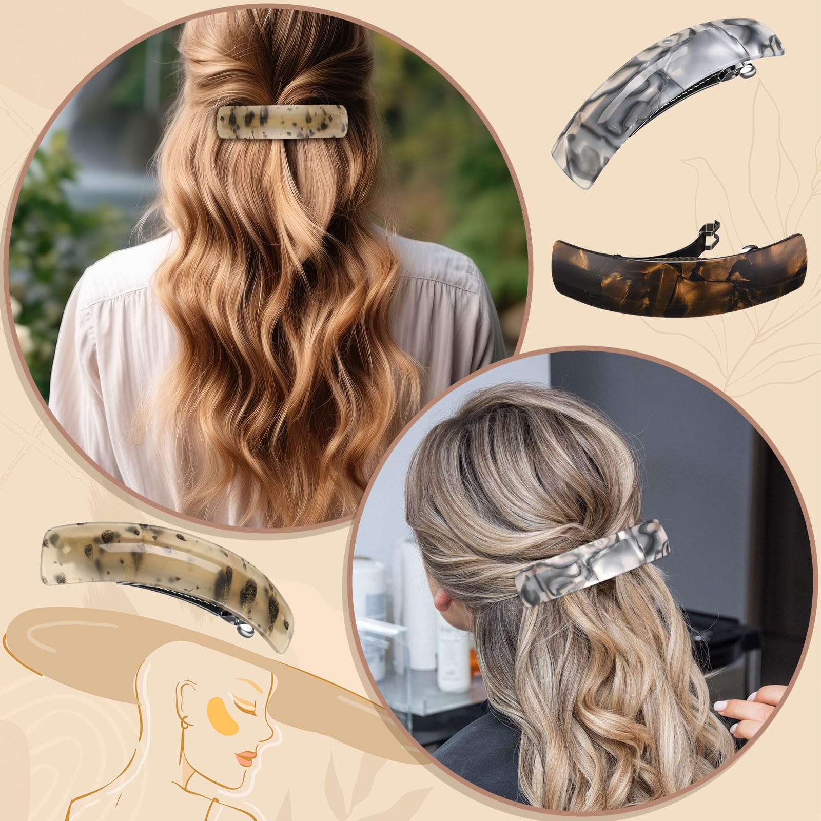 Six pieces large tortoiseshell pattern hair barrettes for thick hair