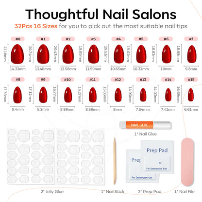 Short almond red press on nails by Modelones on hand
