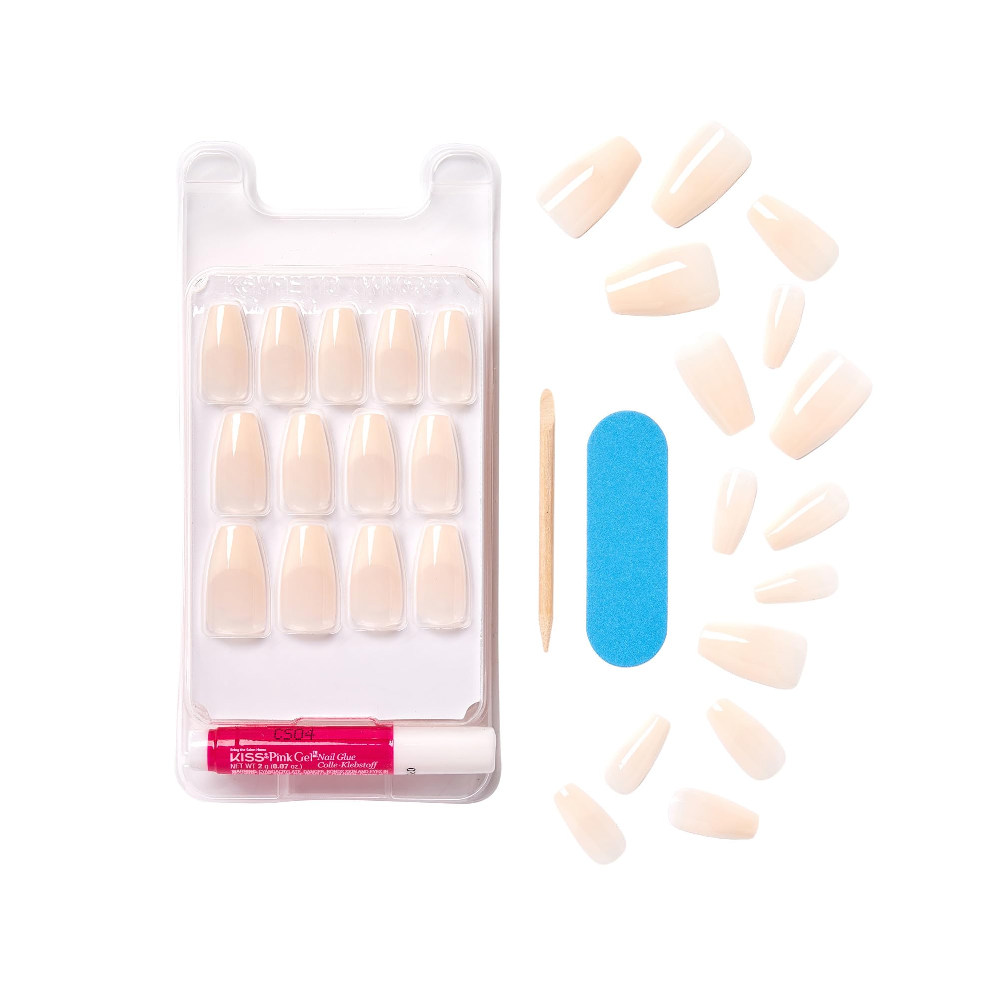 Close up view of medium length square French manicure nails
