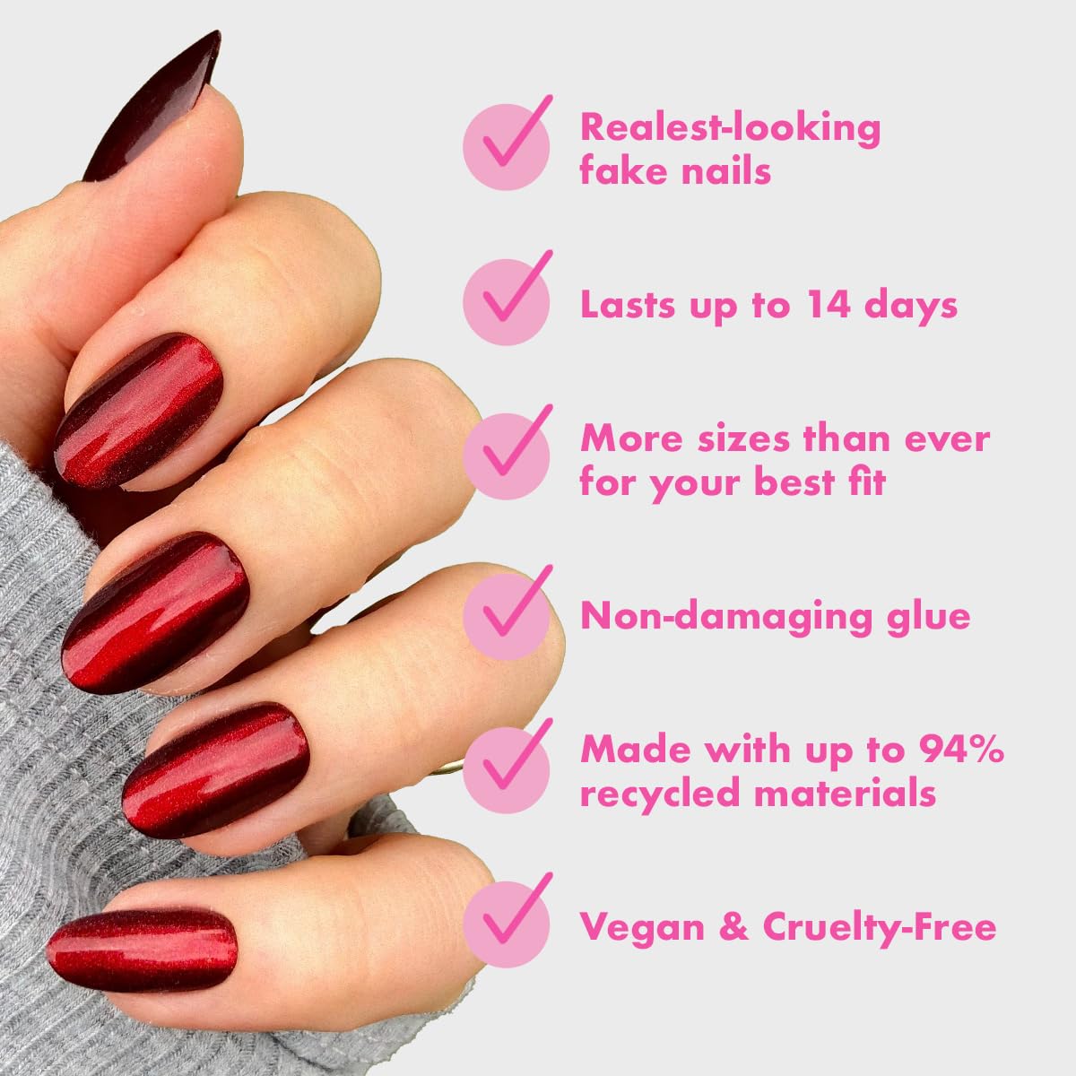 Side view of medium length almond press-on nails