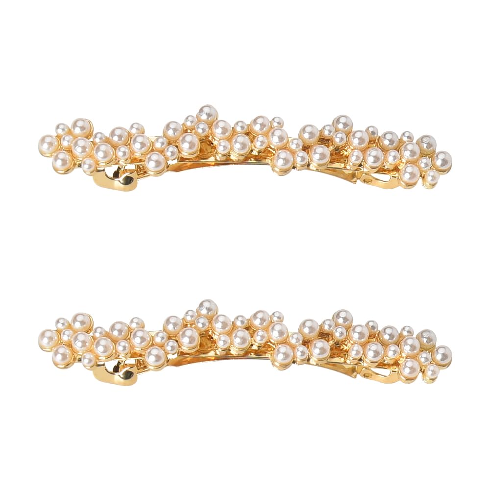 Kefley brand vintage gold and pearl hair pins showing the glittering rhinestones embedded along the metallic frame