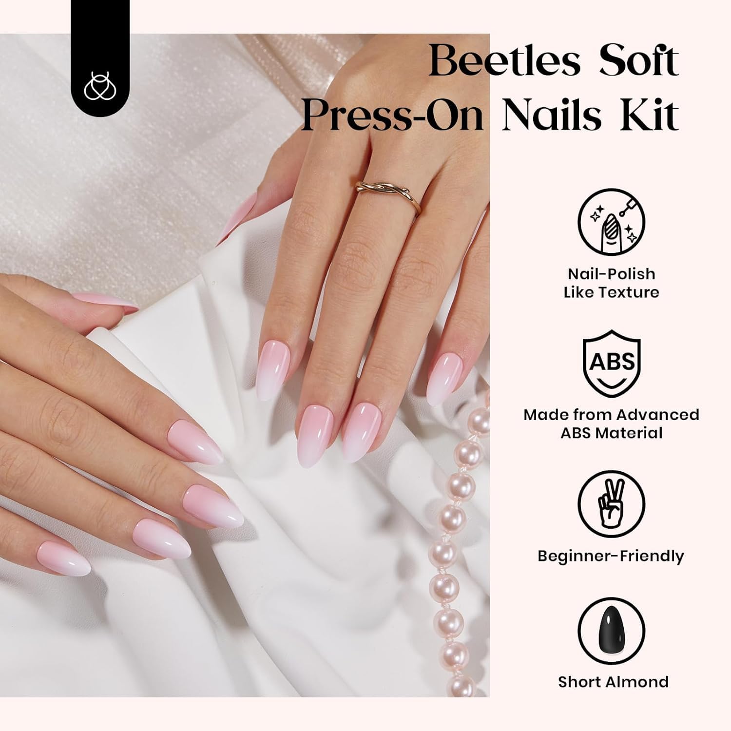 Close up of short almond shaped press on nails showing glossy finish