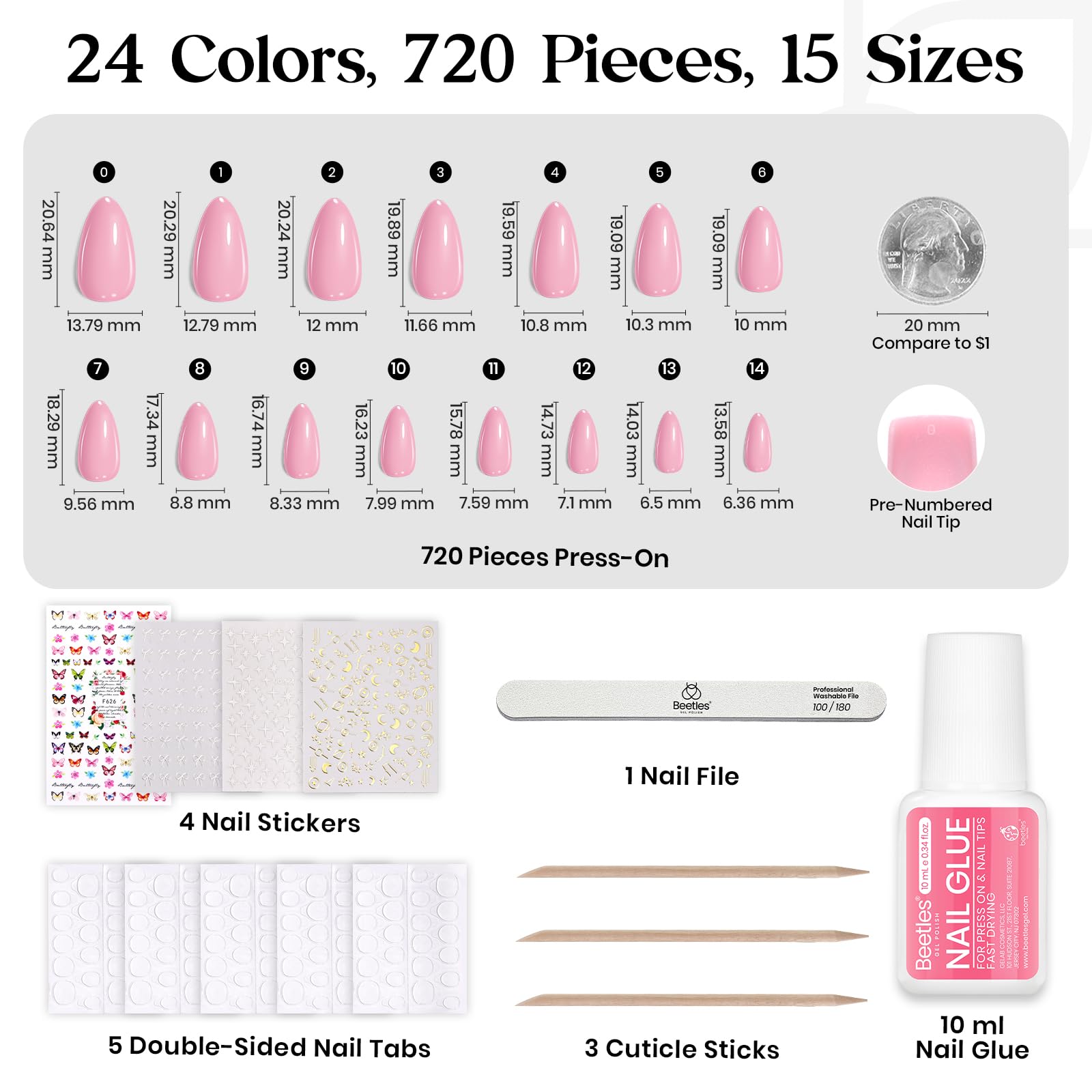 Beetles nail kit accessories including glue and adhesive tabs