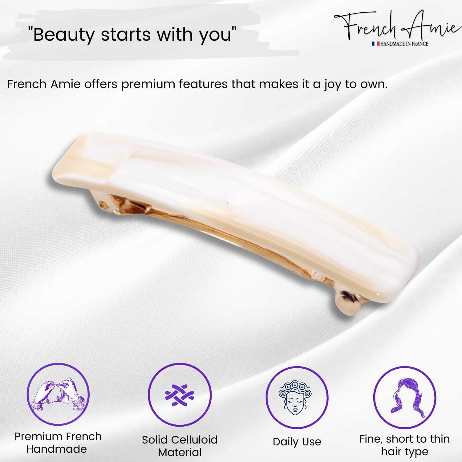 French Amie automatic hair clip gold tone metal clasp close up view