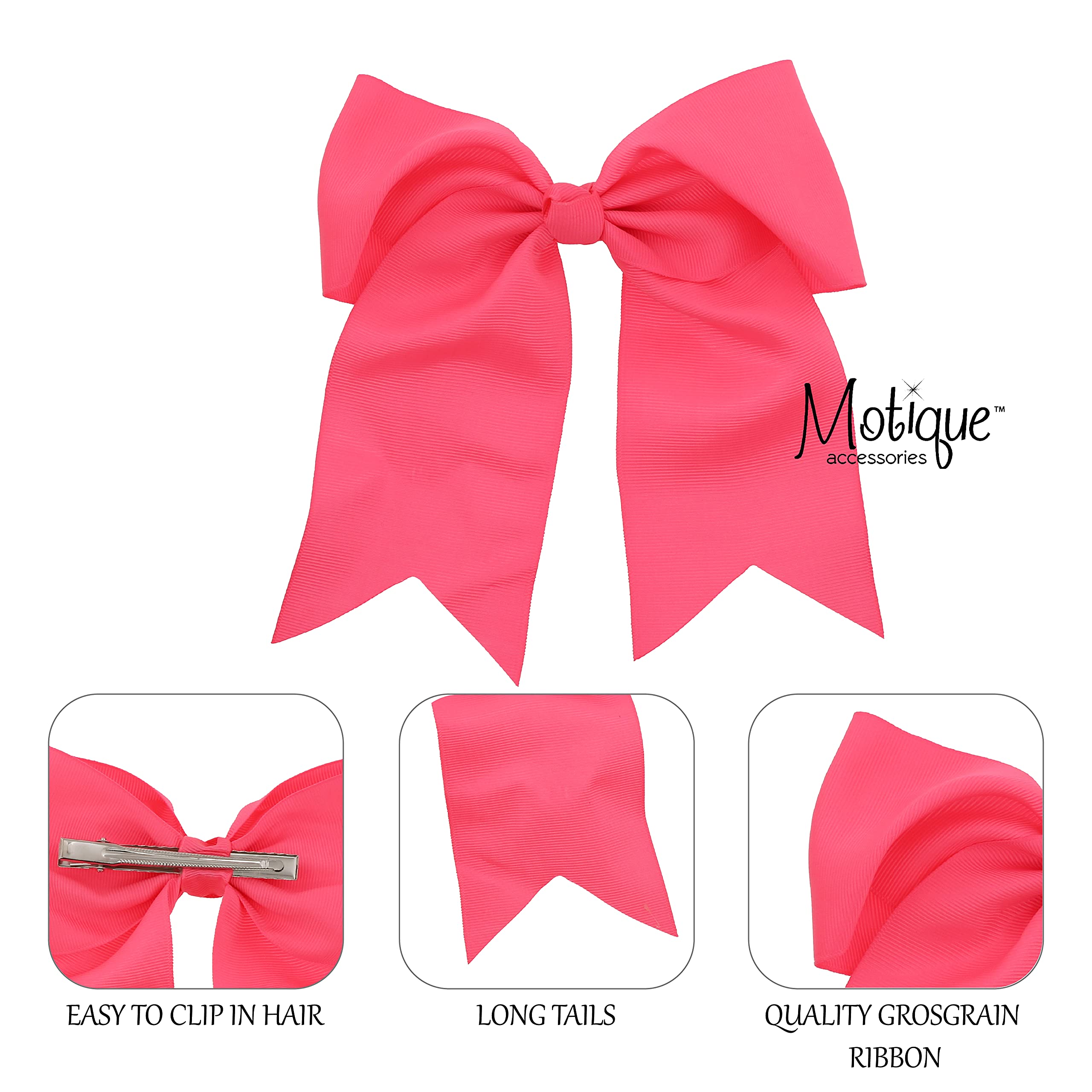 Vibrant fluorescent pink boutique cheer bow with tails highlighting the premium textured grosgrain material.