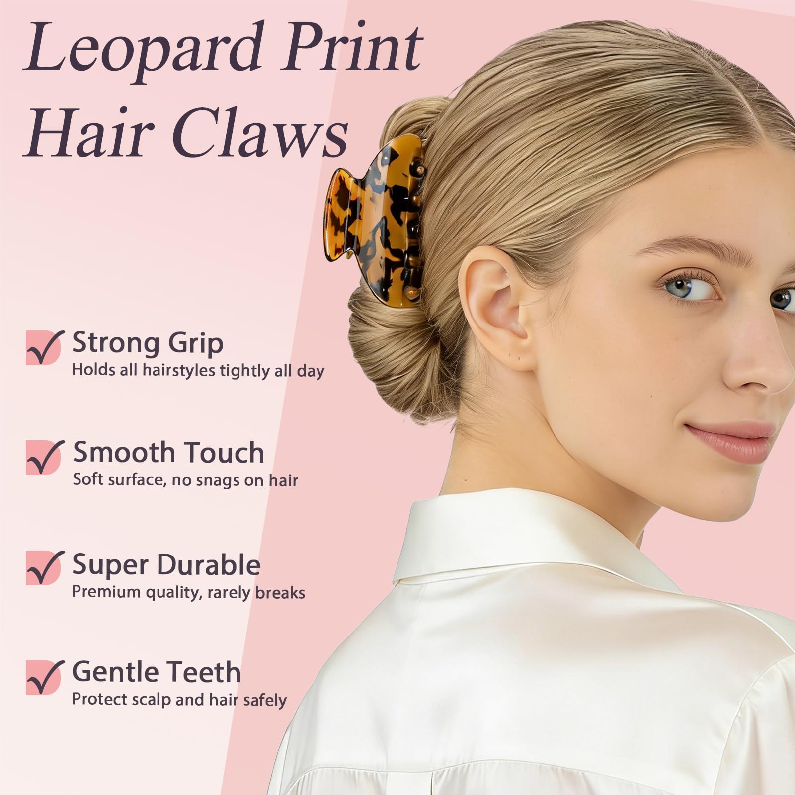 Pair of French design celluloid leopard print barrettes laid out on a clean backdrop.