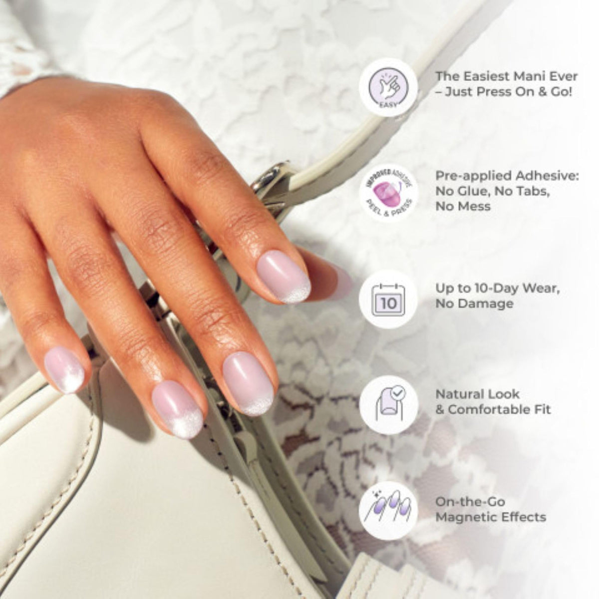 Model wearing Kiss Impress Colorfx Walk Out pink nails on hands
