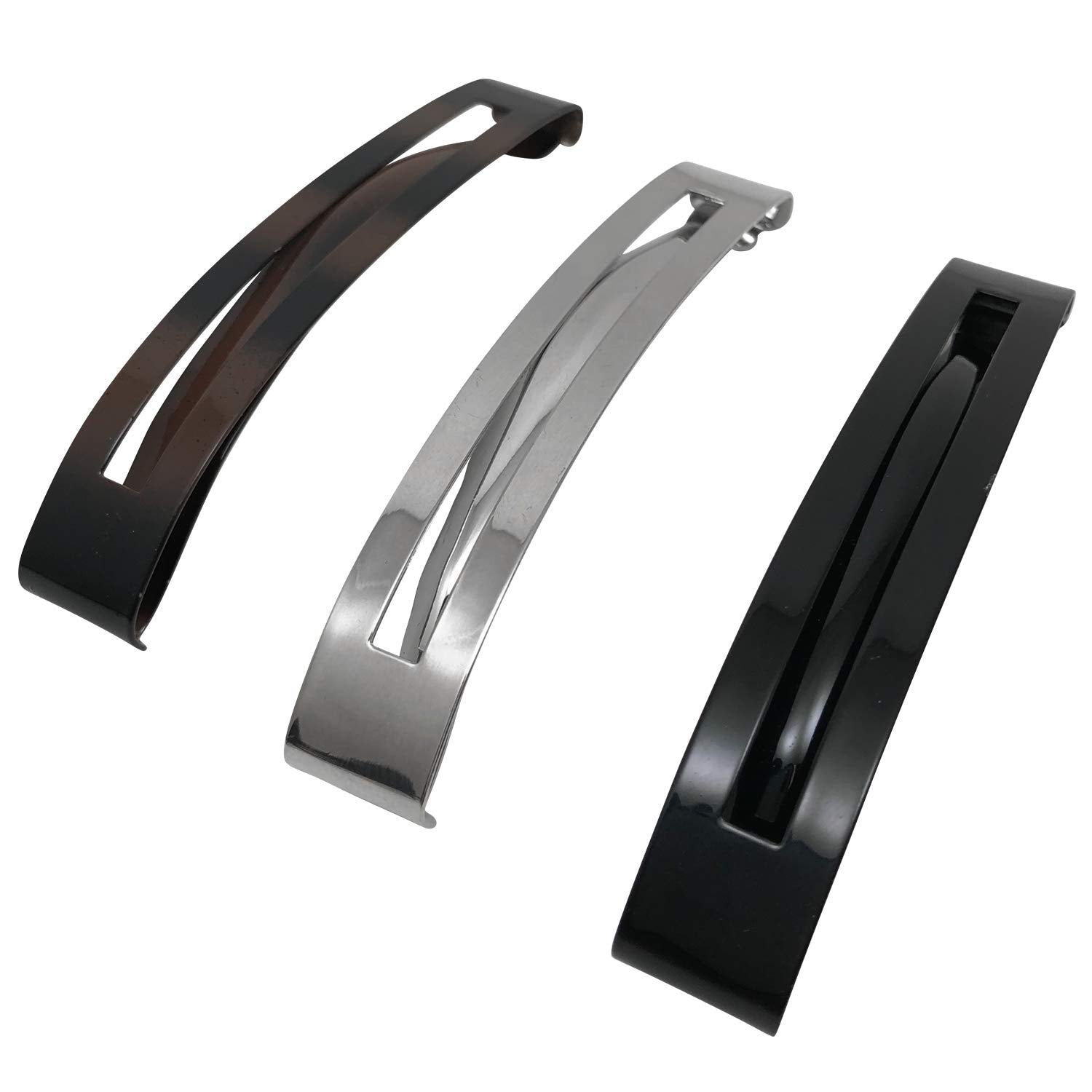 Three pack of assorted color metallic finish hair clips for thick hair side view.
