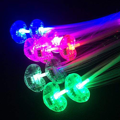 Side view profile of a girl wearing glowing fiber optic hairpins in a dark party room