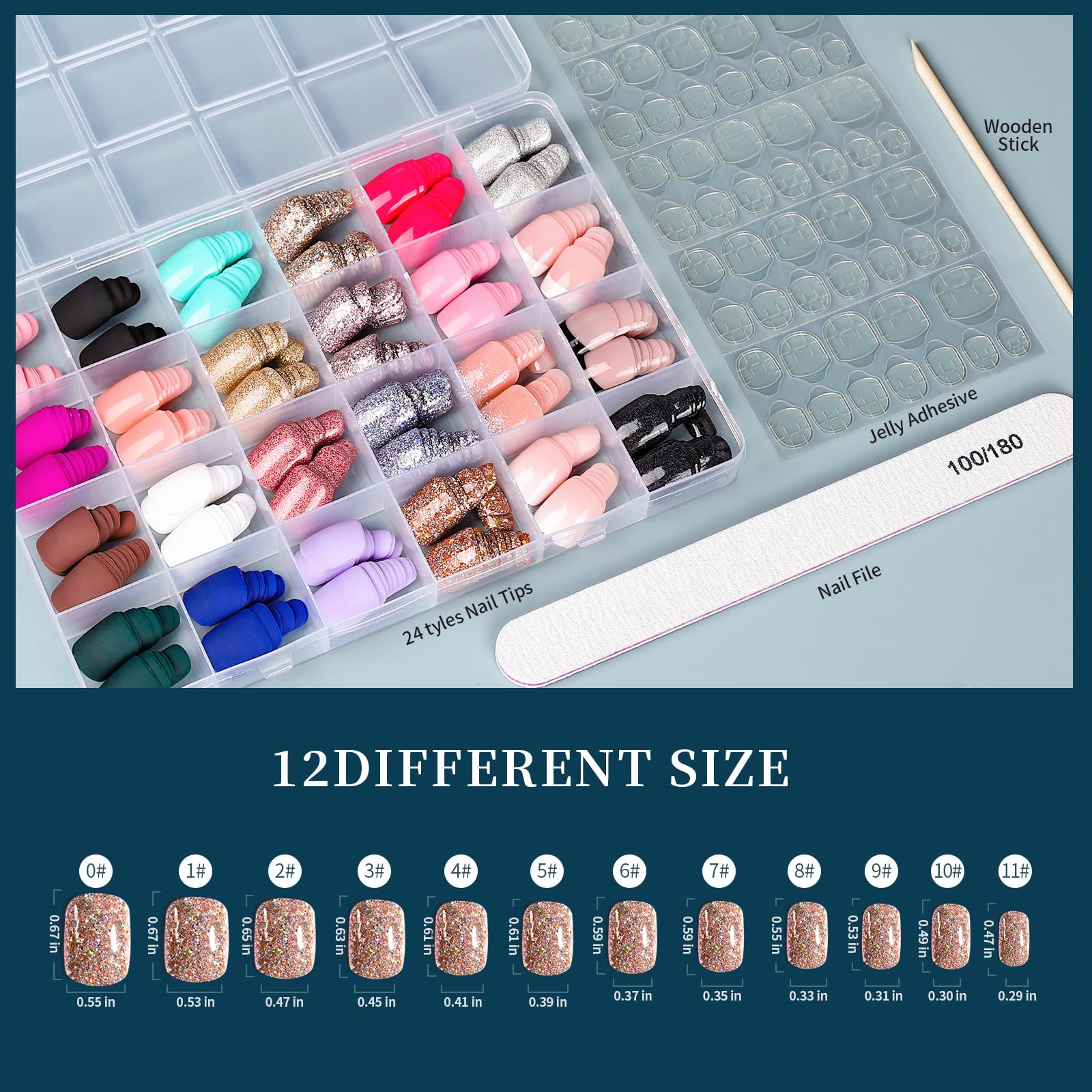 Top view of Fandamei press on nails with adhesive tabs and file