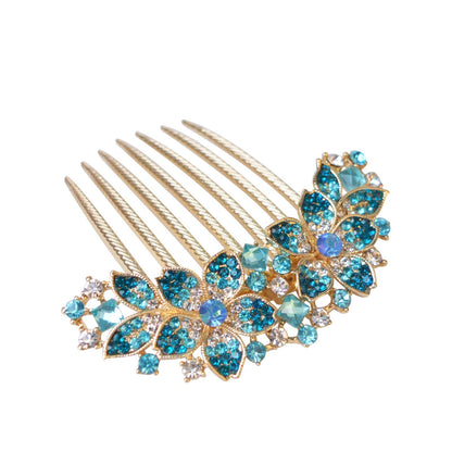 Sankuwen blue rhinestone inlaid hairpin accessory styled elegantly into a formal low bun hairdo