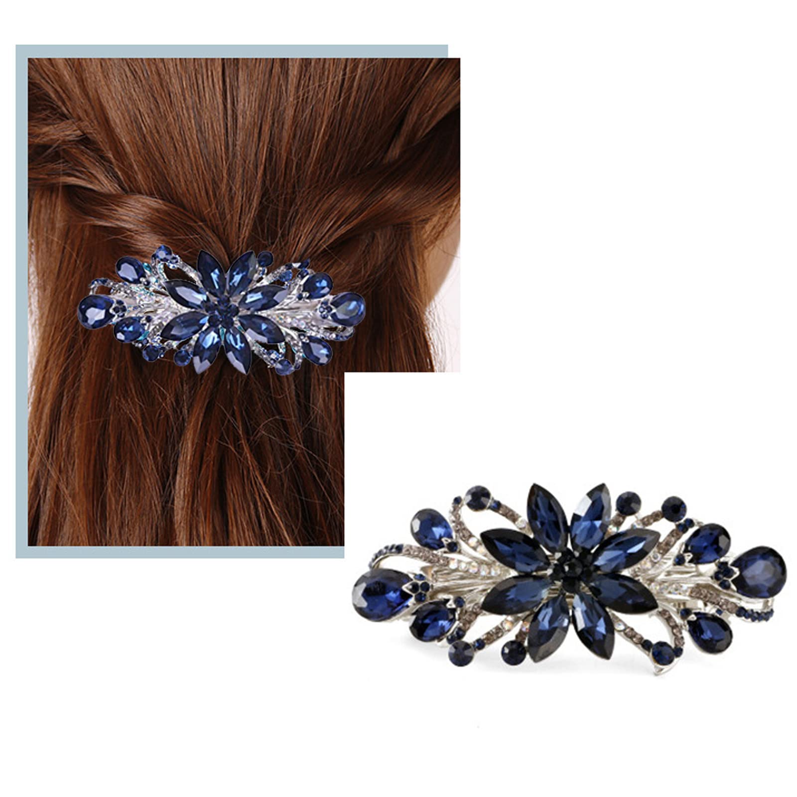 Sankuwen dark blue rhinestone hair barrette clip displaying the durable alloy metal frame structure