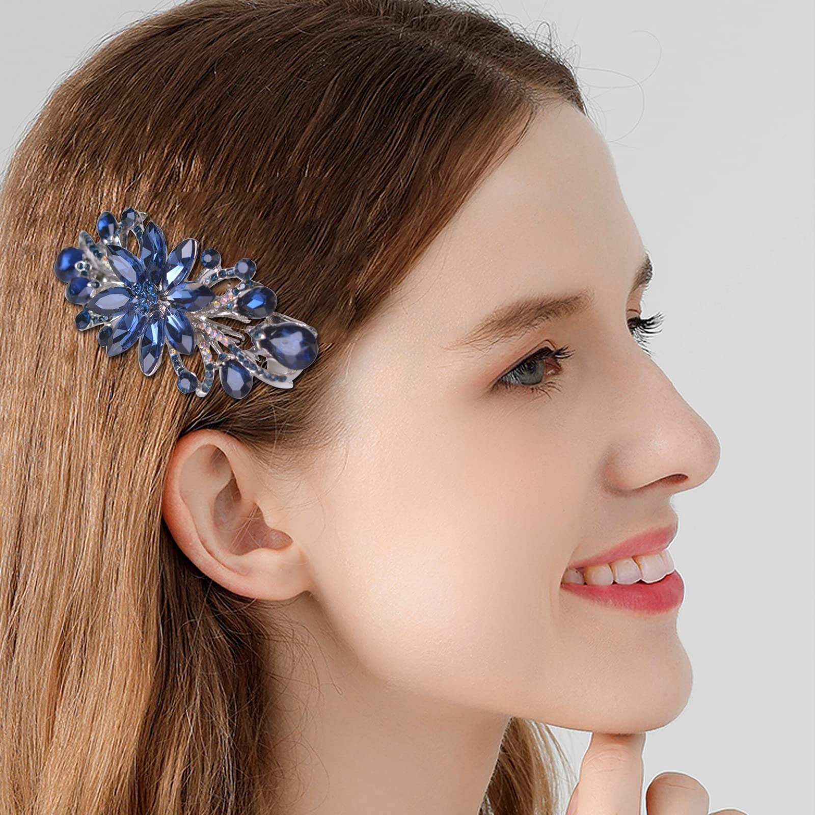 Sankuwen rhinestone hair barrette clip in dark blue illustrating the accurate 3.2 inch size proportions