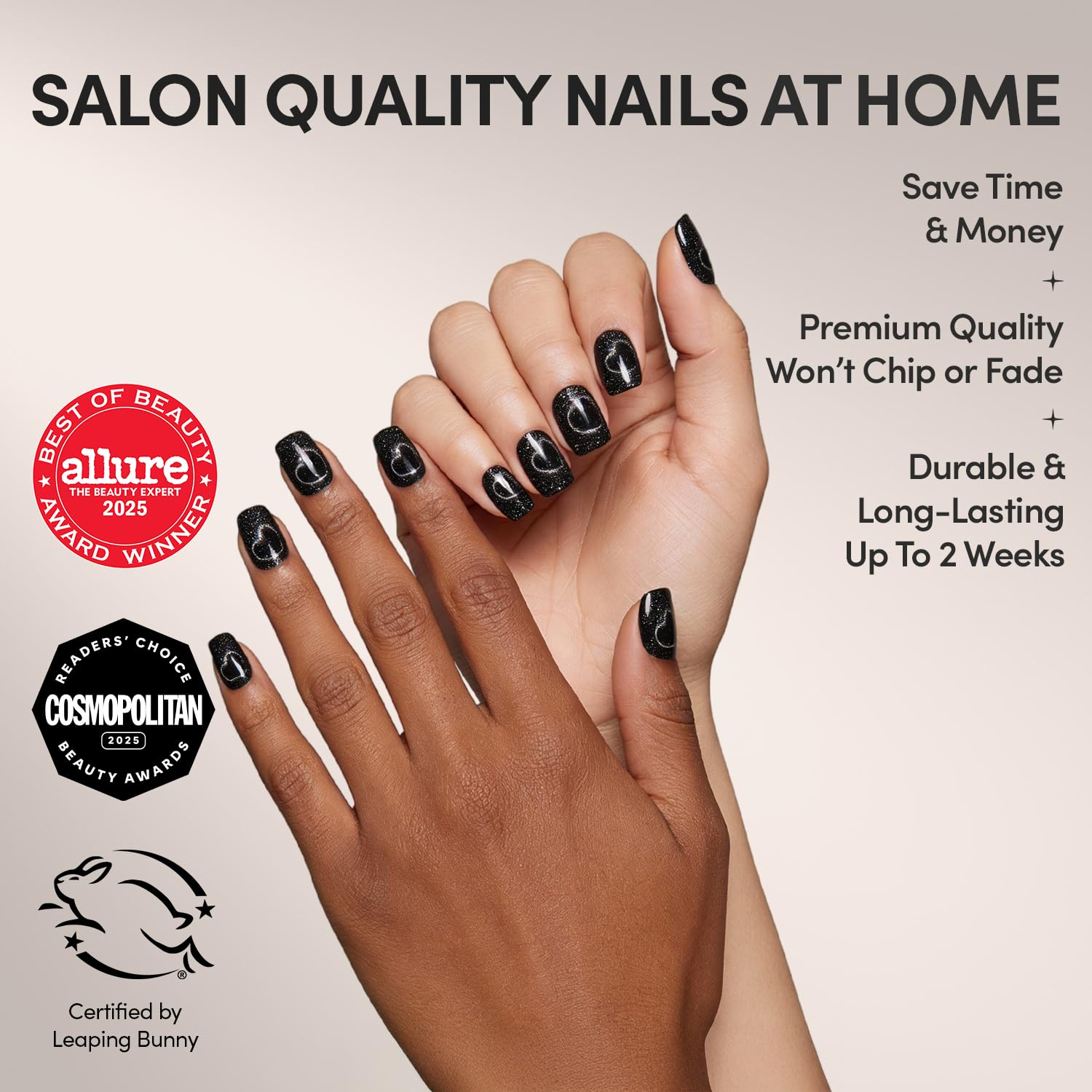 Glamnetic black magnetic cat eye nails with heart design