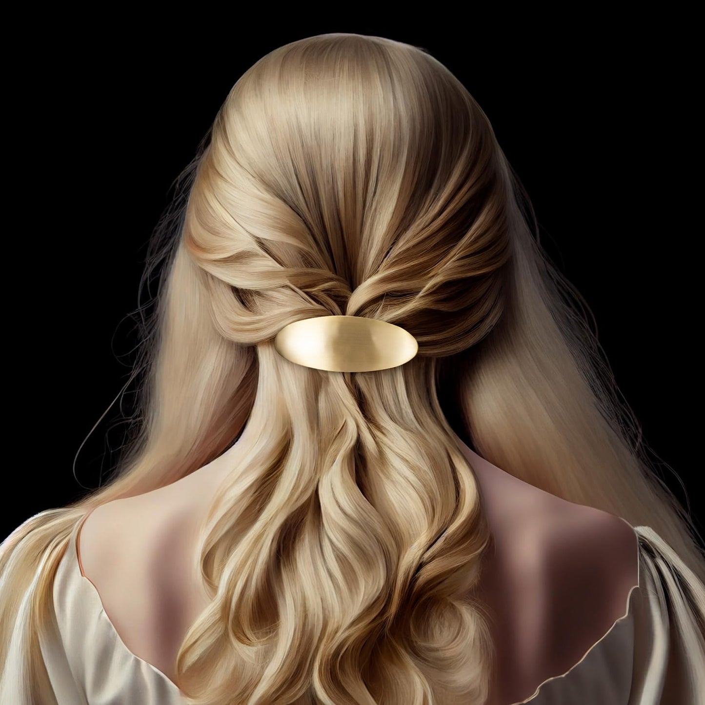 Three inch gold oval hair accessory holding long thick hair in a half up style
