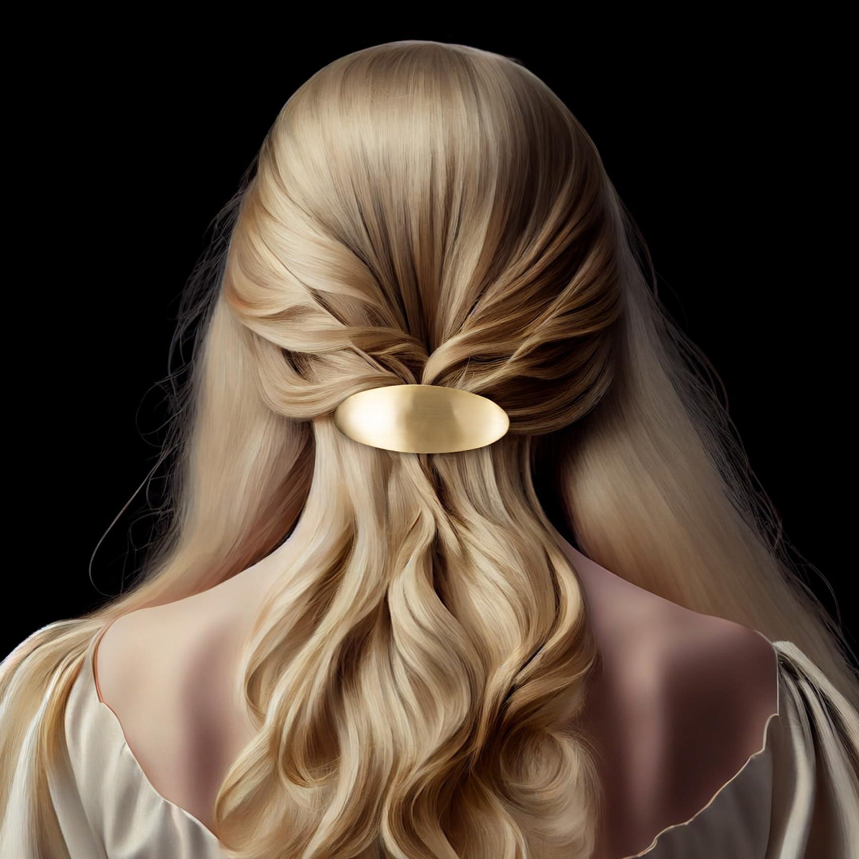 Three inch gold oval hair accessory holding long thick hair in a half up style