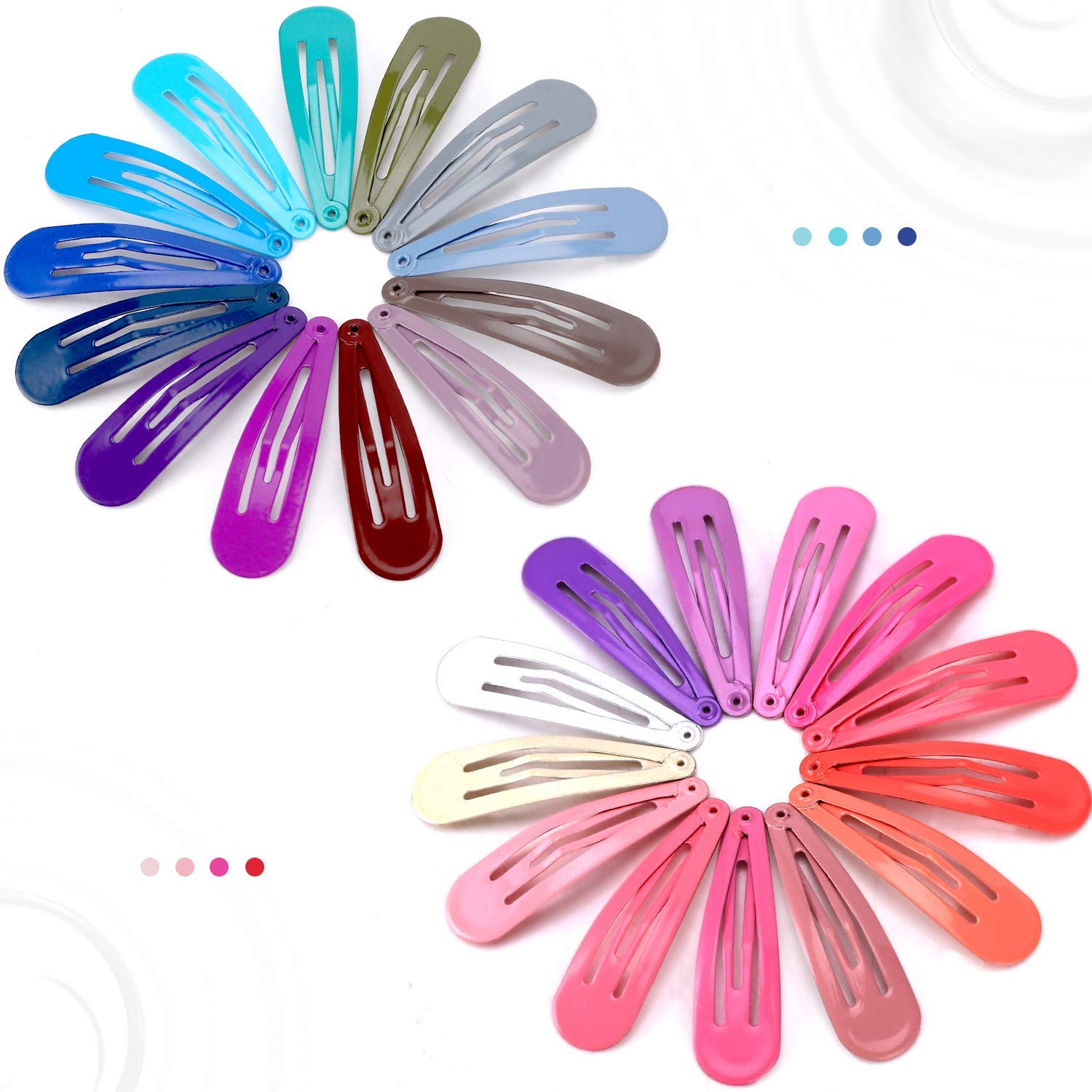 Cocplok one hundred pack metal hair clips arranged neatly by color variations for kids and teens.