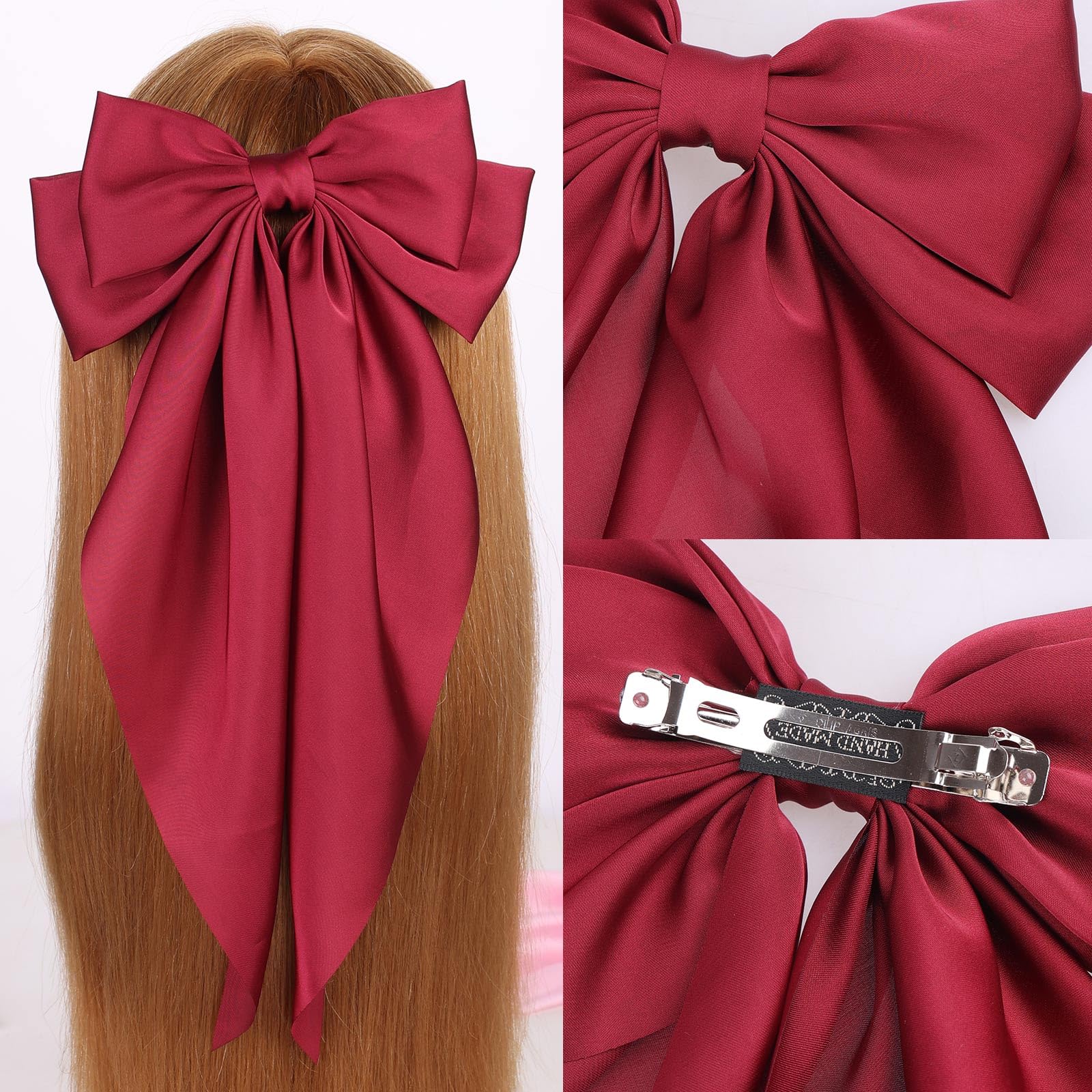 Close up of the durable metal french barrette clip attached to the satin bow.